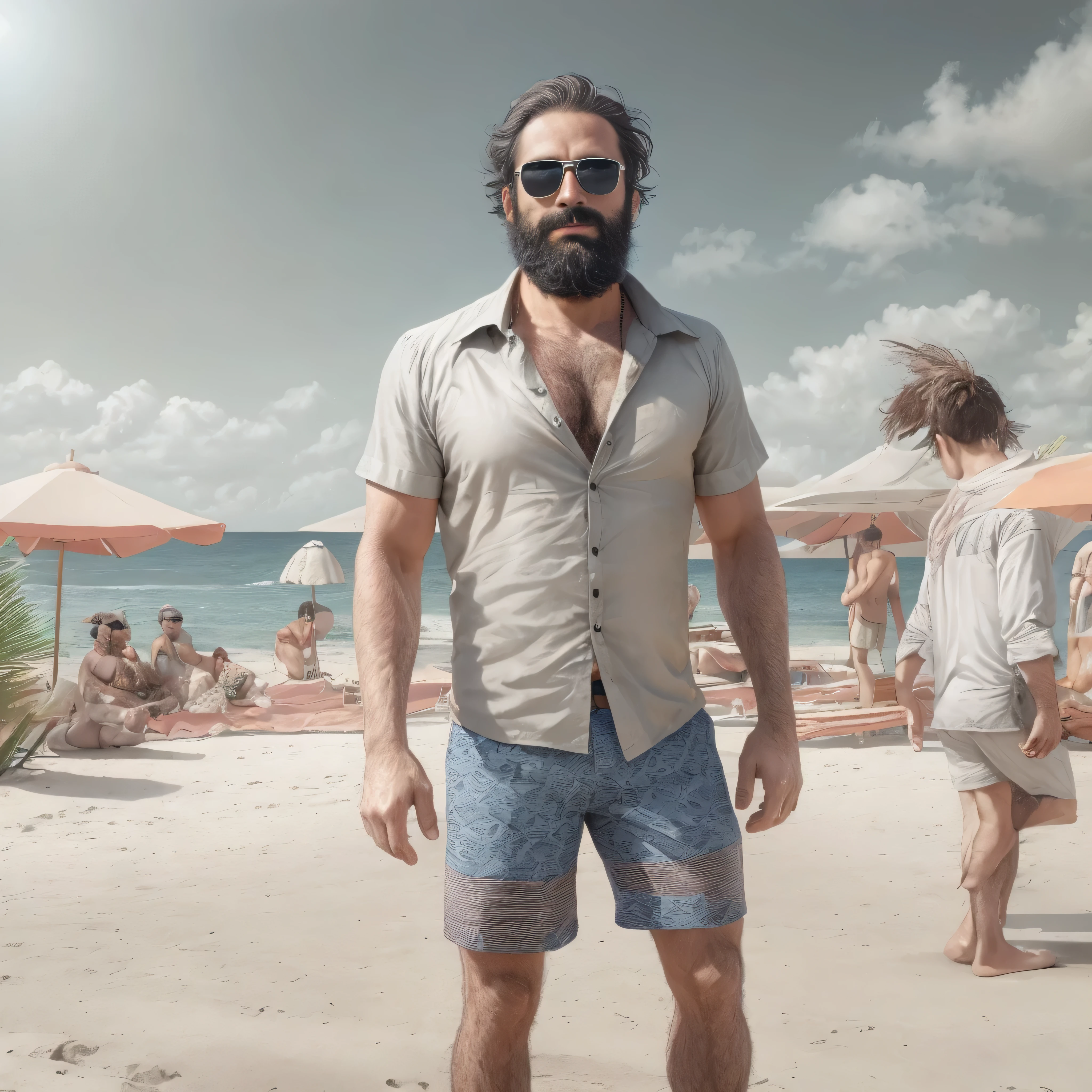 Create an image of a 38-year-old man with a beard and a lot of chest hair. He is wearing sunglasses. The man should have a confident and relaxed expression. The scene is a sunny beach with clear blue skies, soft white sand, and gentle waves in the background. The man is standing near the shoreline with the ocean behind him. He is dressed in casual beach attire, such as swim trunks and flip-flops. The image should be of the highest quality, with textured skin and realistic details.