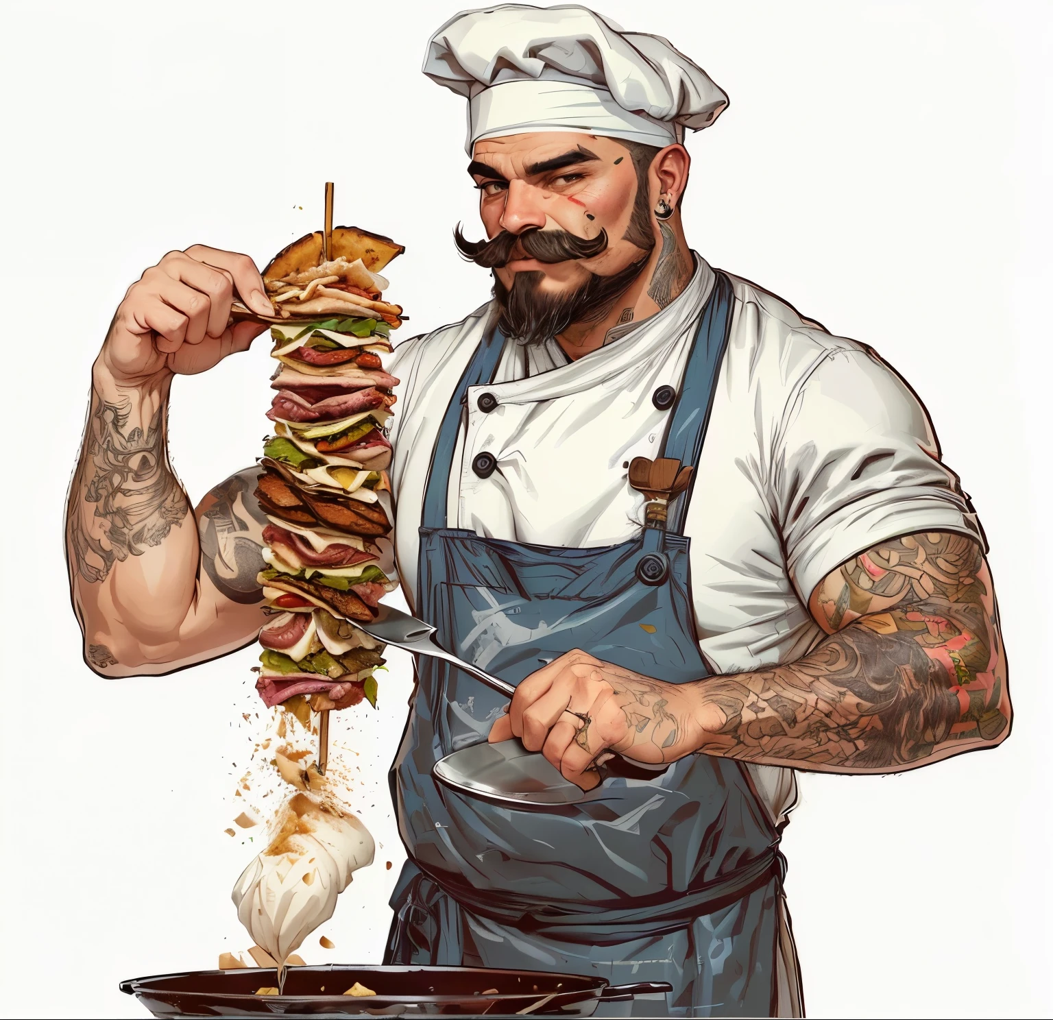 un hombre con barba y bigote sostiene un shawarma en brocheta, sirviendo shawarma, commercial illustration, amazing food illustration, cartoon style illustration, mejor chef, high definition illustration, artistic illustration, cocinar, cocinaring it up, Gran carnicero posando aterradoramente, full color illustration, Ogre Chef en delantal, professional illustration, colored illustration for tattoo