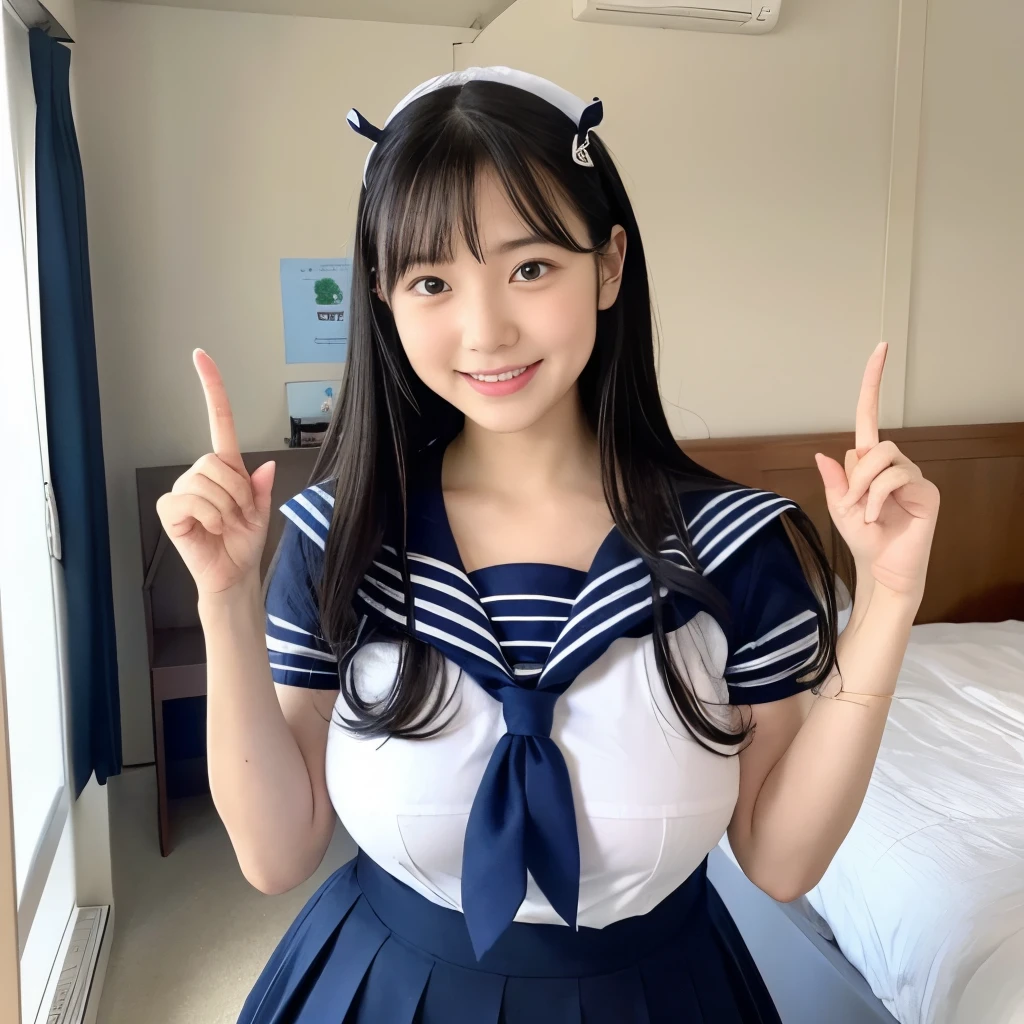 女の子1 person, alone, highest quality, 8k, Japanese women photos, 17 years old, kindergarten teacher, 長くてストレートなBlack Hair,, ((Plump)), ((Big Breasts)),Sailor suit,Sailor suit,, The best smile,Grow eyes,  Shining happiness, Caring personality, Sweet feminine aura, Calm but firm attitude, Lightly freckled cheeks, A spirit of warmth and joy, Discreet and perfect for class,Eyes that shine with devotion, a humble and dedicated kindergarten teacher, 1 person,Inside the room,超Big Breasts,Big Breasts,Sailor suit,mini skirt,Black HairのストレートLong Hair,Long Hair,Black Hair,17 years old,valley,My chest is about to burst,Cute pose,Cute pose,Purikura,Purikura,Finger Heart,