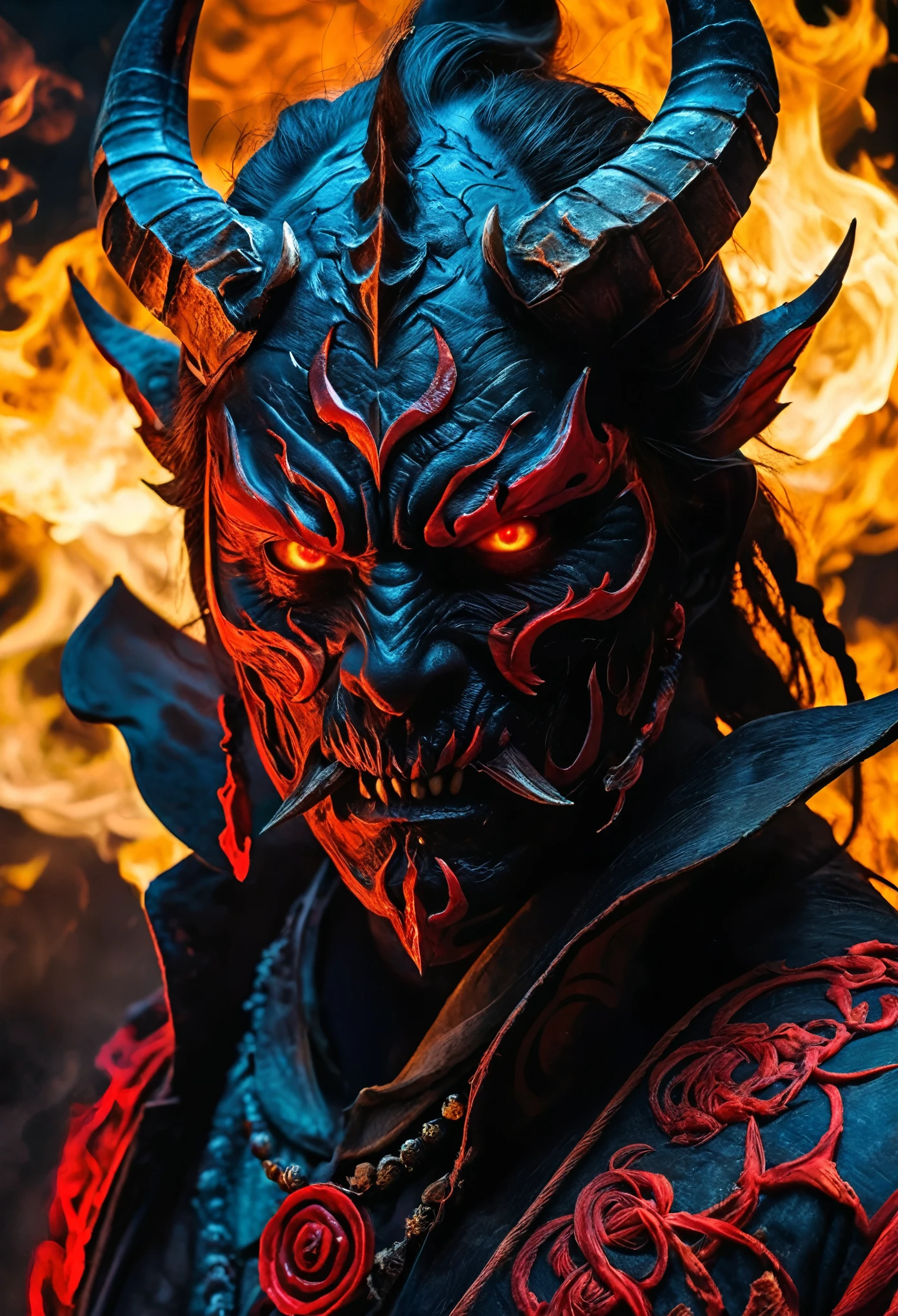 best quality,ultra-detailed,(realistic:1.37),detailed red demon with glowing eyes and sharp teeth,ominous atmosphere,Japanese traditional demon mask,dark and eerie background,menacing expression,ominous shadows,great attention to facial details,traditional Japanese artwork style,hellish red color tones,ominous glowing aura,fiery red background with black smoke,scary and intimidating posture,fire-like complexion,horned headpiece,sharp and sinister claws,ominous red demon holding a menacing red staff,impressive attention to texture and details,intricate and elaborate design,highly realistic rendering,the demon exudes power and darkness,perfectly captured light and shadows,striking and impressive composition,vivid and intense colors,remarkable attention to detail in every aspect of the red demon's appearance and surrounding elements.