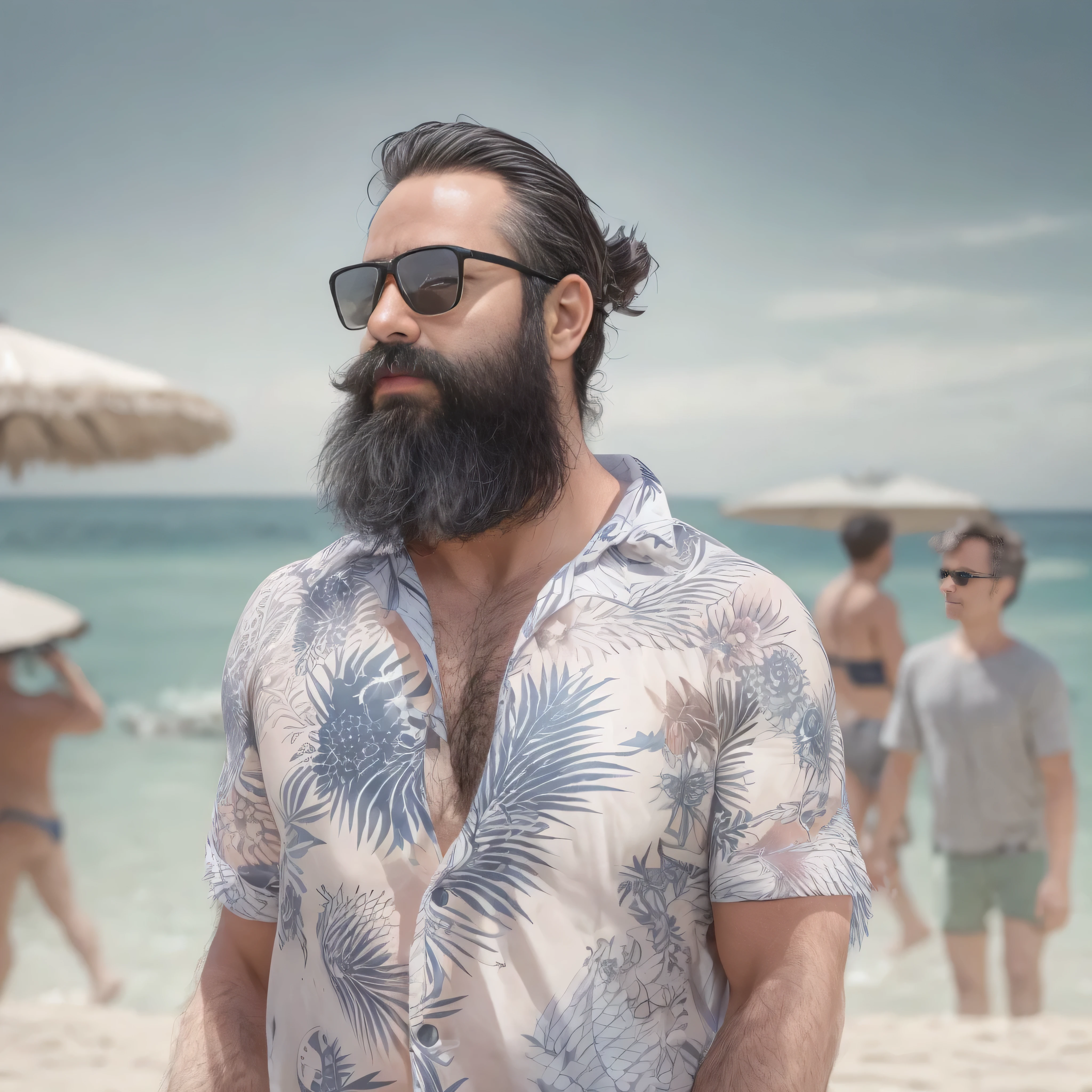 Create an image of a 38-year-old man with a beard and a lot of chest hair. He is wearing sunglasses. The man should have a confident and relaxed expression. The scene is a sunny beach with clear blue skies, soft white sand, and gentle waves in the background. The man is standing near the shoreline with the ocean behind him. He is dressed in casual beach attire, such as swim trunks and flip-flops. The image should be of the highest quality, with textured skin and realistic details.