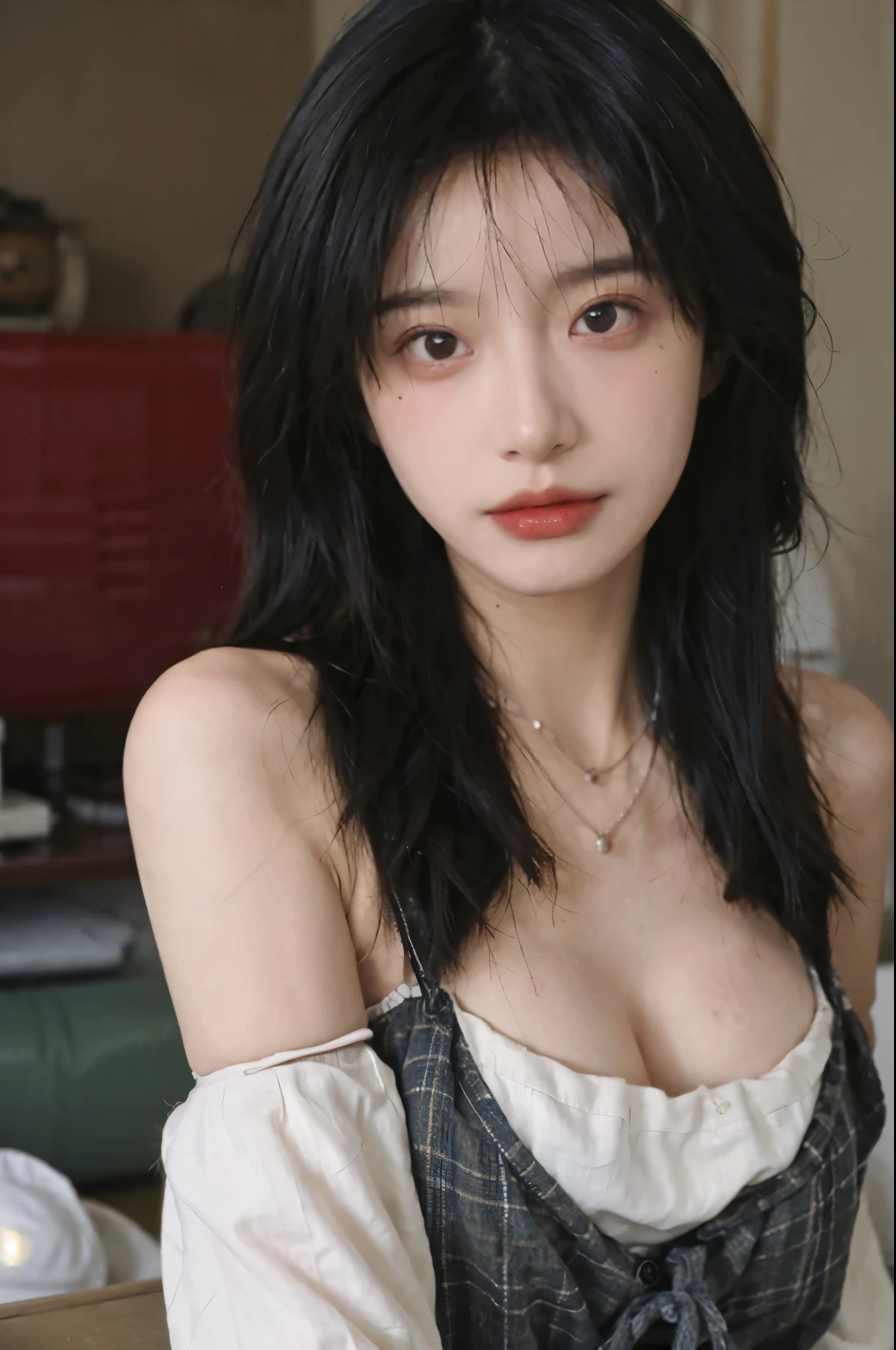 Film portrait photography, 2 girls, Bare shoulders,Lipstick，（flat chest：1.4）， Wear a necklace，Cute expression,Exquisite makeup，Red suspenders，serene, calm, (Realistic and detailed eyes, Natural skin texture, Realistic facial details), Big breasts：1.6，Big Breasts，Soft dramatic lighting, Depth of Field, Bokeh, Vibrant details, Detailed and detailed, Surreal, 35mm film, hazy, ,
