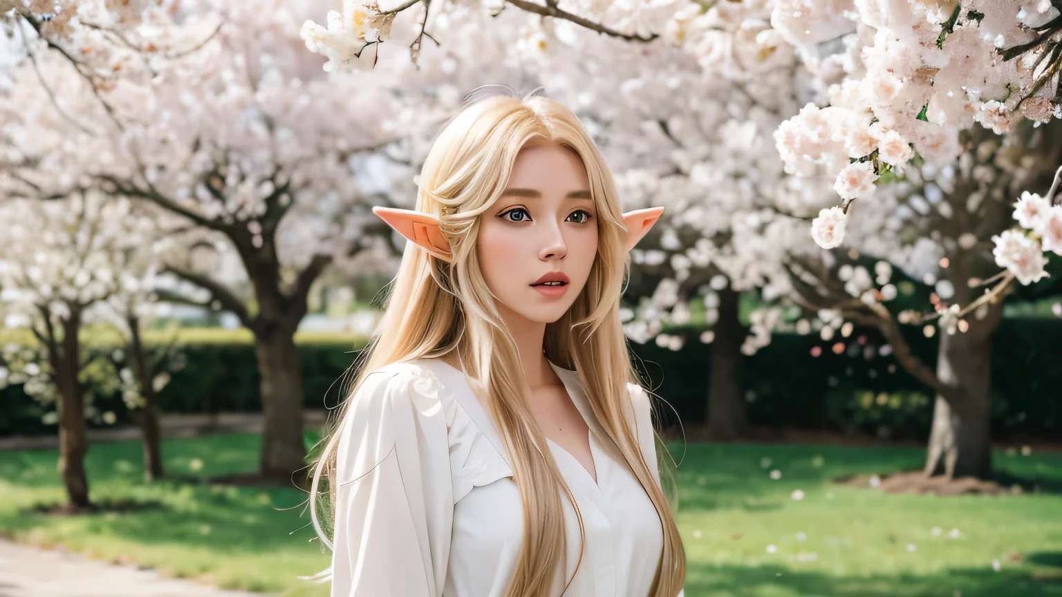 beautiful elf woman, blonde with green eyes, long hair, dressed all in white, moving her mouth, speaking, looking straight ahead, under a cherry tree in full bloom