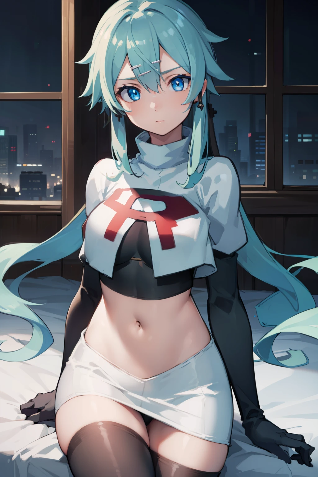 masterpiece, best quality, highres, 1girl, sinon1, hair ornament, hairclip, team rocket,team rocket uniform,white skirt,red letter R,crop top,black thigh-highs,black elbow gloves, BREAK (masterpiece:1.2), best quality, high resolution, unity 8k wallpaper, (illustration:0.8), (beautiful detailed eyes:1.6), extremely detailed face, perfect lighting, extremely detailed CG, (perfect hands, perfect anatomy)