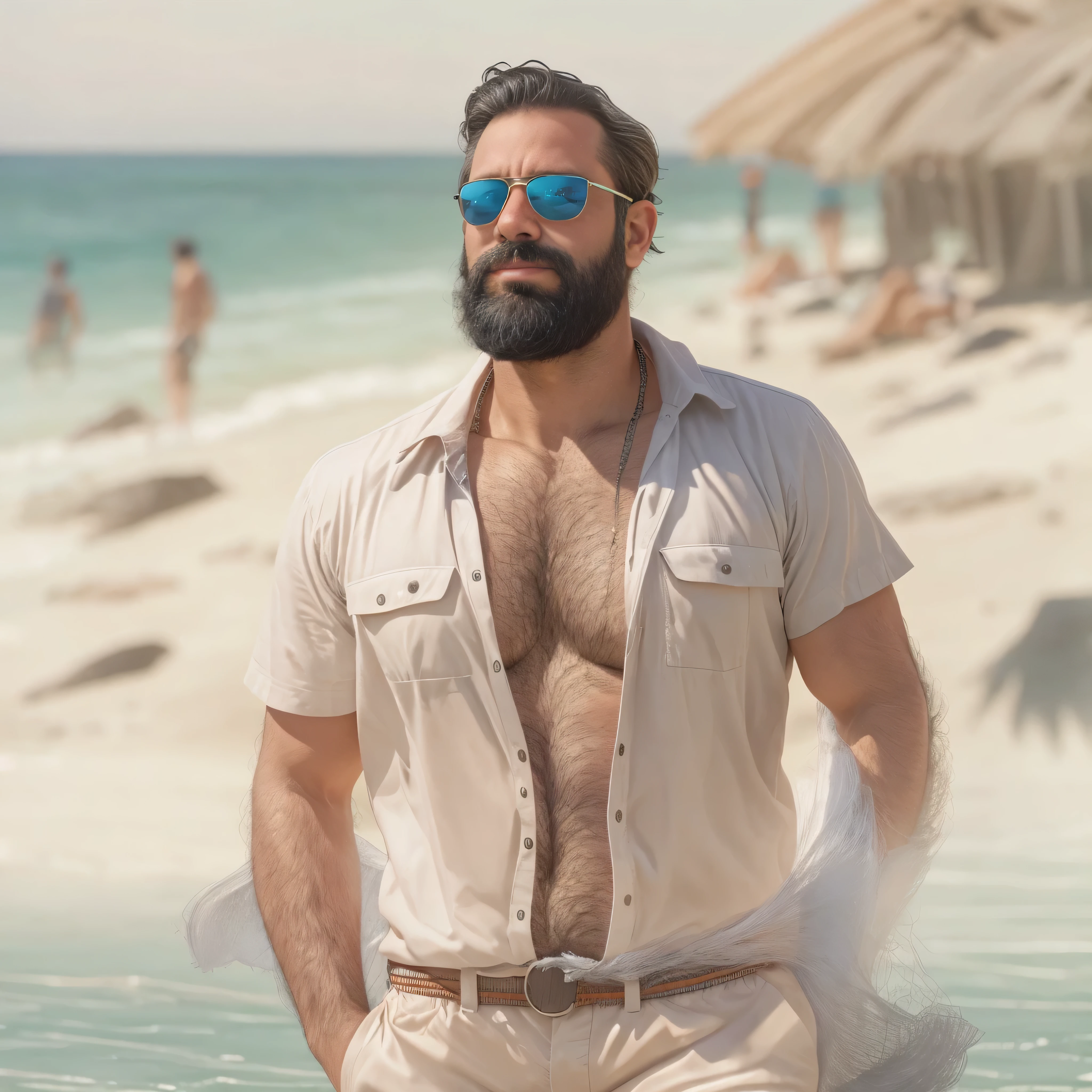 Create an image of a 38-year-old man with a beard and a lot of chest hair. He is wearing sunglasses. The man should have a confident and relaxed expression. The scene is a sunny beach with clear blue skies, soft white sand, and gentle waves in the background. The man is standing near the shoreline with the ocean behind him. He is dressed in casual beach attire, such as swim trunks and flip-flops. The image should be of the highest quality, with textured skin and realistic details.