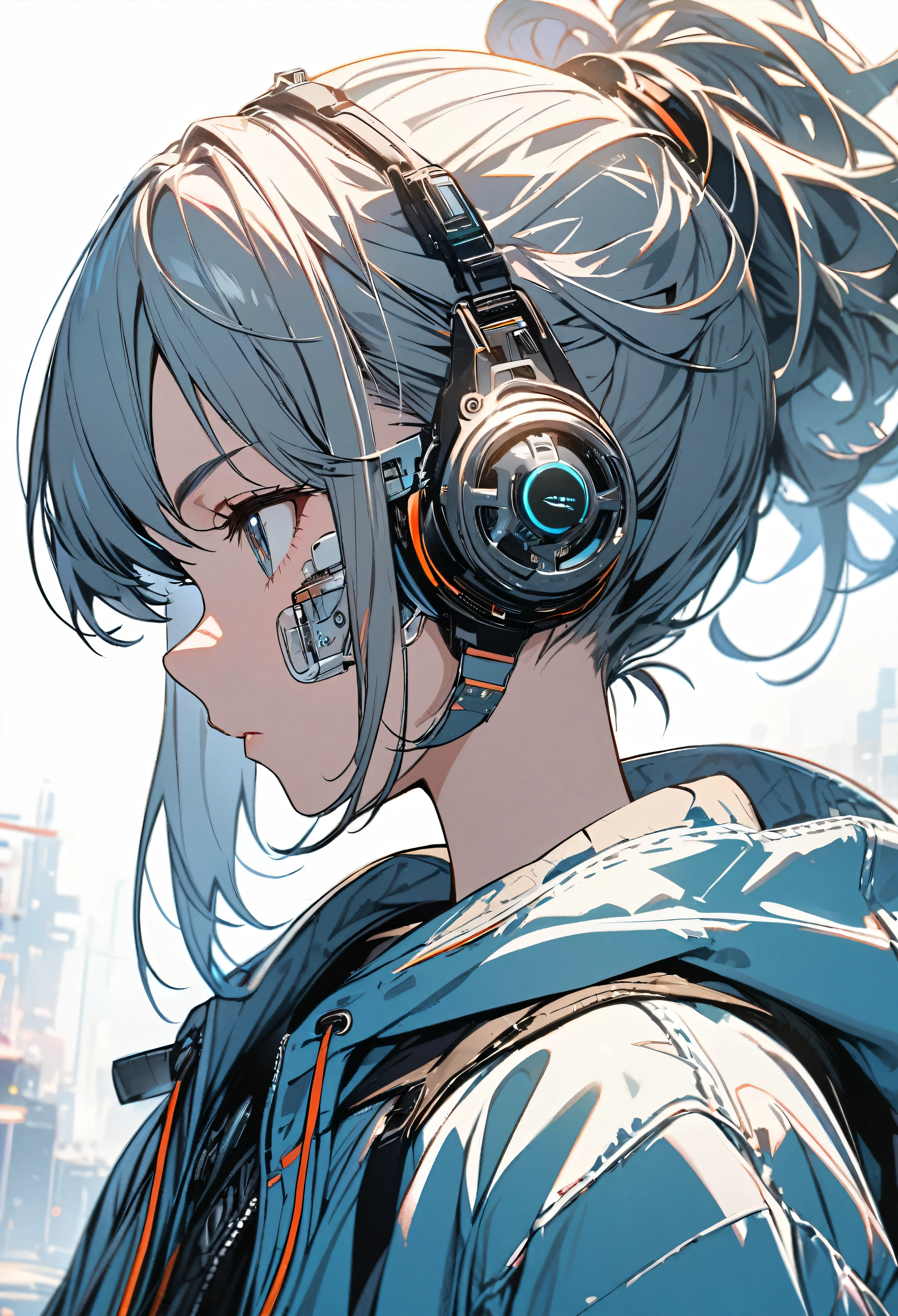ultra detailed,1 girl, solo, hoodie, facial profile, cochlear implant