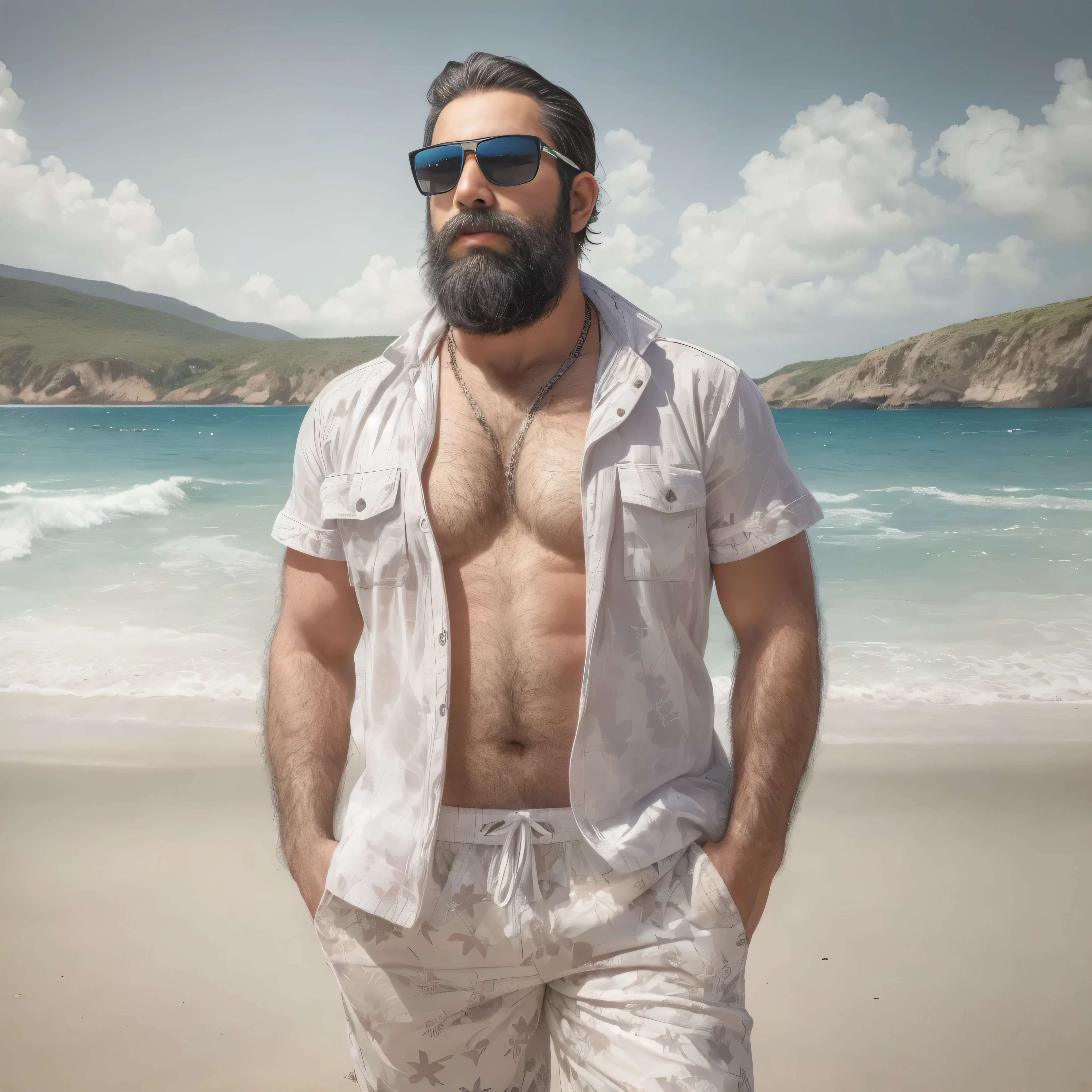 Create an image of a 38-year-old man with a beard and a lot of chest hair. He is wearing sunglasses. The man should have a confident and relaxed expression. The scene is a sunny beach with clear blue skies, soft white sand, and gentle waves in the background. The man is standing near the shoreline with the ocean behind him. He is dressed in casual beach attire, such as swim trunks and flip-flops. The image should be of the highest quality, with textured skin and realistic details.