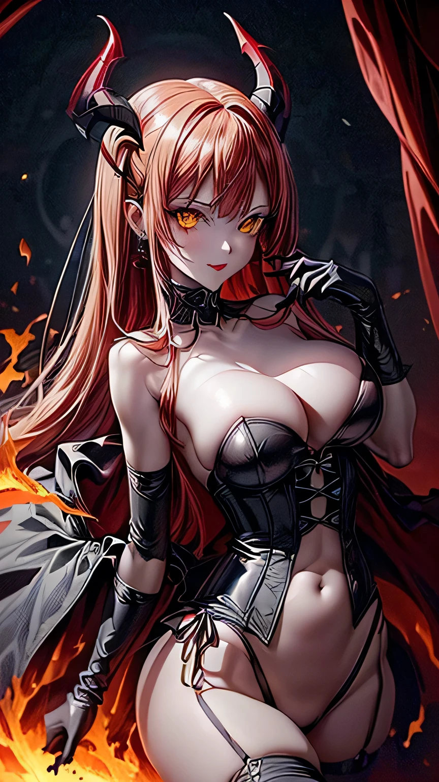 ((relaxed pose floating around)) ((evil smile)) ((tan skin)) (()) (()) ((the most beautiful hellish succubi from the underworld)) ((yellow eyes)), ((dark eyeshadows make up)) ((red lips)) ((very long straight redhead hair with bangs))((big breast:1.5)) ((slender body:1.3)) ((wears a strapless corset, tiny string thong bottom)) ((neck jewerly, earrings)) ((cape, gloves, stocking)) ((long devil horns, devil tail))((glowing fire sparks particles floating around))((inside darkest dungeon)), ((high definition:1.5), ((masterpiece:1.5))((8k:1.5)) ((Best quality:1.4)), more_details:-1, more_details:0, more_details:0.5, more_details:1, more_details:1.5, more prism, vibrant color,more prism, vibrant color,