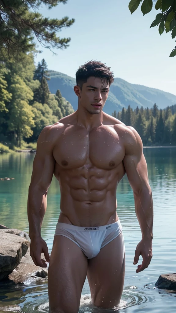 a muscular shirtless man in sexy white wet underwear, standing in a serene lake, detailed facial features, chiseled abs, water droplets, photorealistic, dramatic lighting, cinematic composition, vibrant colors, beautiful landscape, (best quality,4k,8k,highres,masterpiece:1.2),ultra-detailed,(realistic,photorealistic,photo-realistic:1.37)