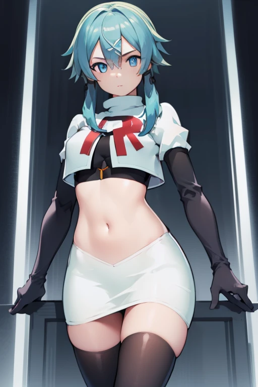 masterpiece, best quality, highres, 1girl, sinon1, hair ornament, hairclip, team rocket,team rocket uniform,white skirt,red letter R,crop top,black thigh-highs,black elbow gloves, BREAK (masterpiece:1.2), best quality, high resolution, unity 8k wallpaper, (illustration:0.8), (beautiful detailed eyes:1.6), extremely detailed face, perfect lighting, extremely detailed CG, (perfect hands, perfect ???????)