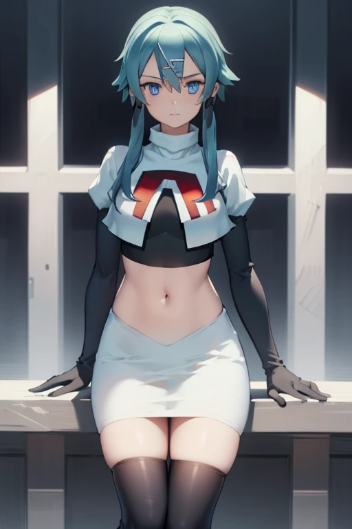 masterpiece, best quality, highres, 1girl, sinon1, hair ornament, hairclip, team rocket,team rocket uniform,white skirt,red letter R,crop top,black thigh-highs,black elbow gloves, BREAK (masterpiece:1.2), best quality, high resolution, unity 8k wallpaper, (illustration:0.8), (beautiful detailed eyes:1.6), extremely detailed face, perfect lighting, extremely detailed CG, (perfect hands, perfect anatomy)