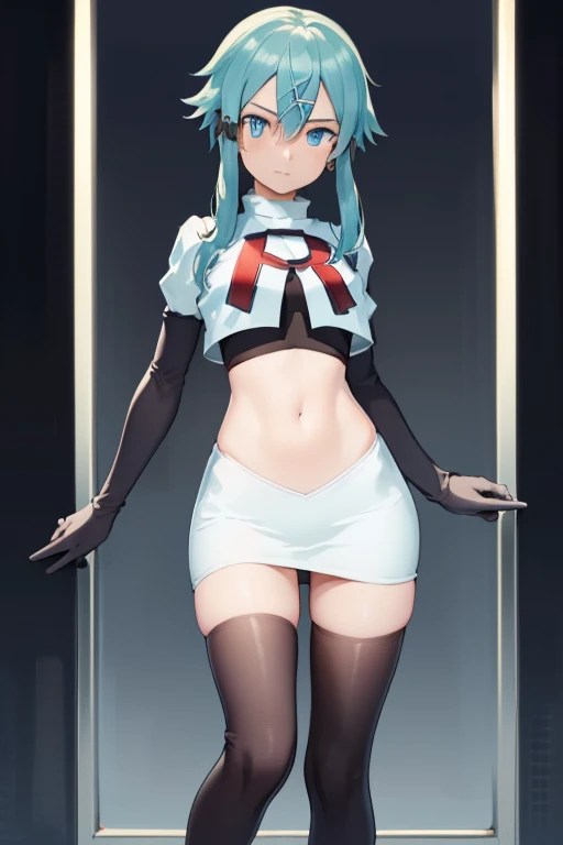 masterpiece, best quality, highres, 1girl, sinon1, hair ornament, hairclip, team rocket,team rocket uniform,white skirt,red letter R,crop top,black thigh-highs,black elbow gloves, BREAK (masterpiece:1.2), best quality, high resolution, unity 8k wallpaper, (illustration:0.8), (beautiful detailed eyes:1.6), extremely detailed face, perfect lighting, extremely detailed CG, (perfect hands, perfect anatomy)