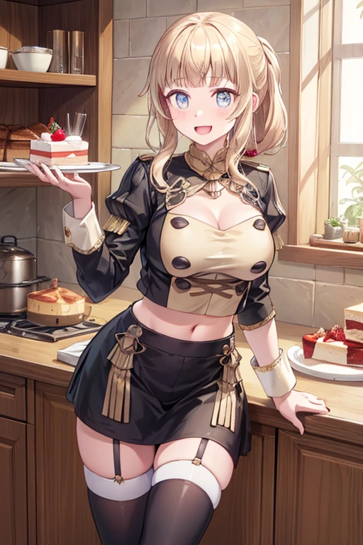 (dynamic angle:1.3, front view:1.1, breast focus:1.3, from above:1.1), (dynamic posing:1.2, sexy posing:1.2), (seductive smiling:1.3), ((looking at cake,Taking a cake out of the golden oven, worried about the outcome:1.2)),highest quality、(real、photorealistic:1.4),(ultra high resolution, 8K RAW photo, clear focus), best qualtiy, natural lighting, field depth, (Bright pupils, detailed beautiful eyes, high detailed face), Red lip, (tight focus:1.2), a girl 22yo old, Wearing a pastry chef uniform:1.3 , Thicc, thin breast, long hair, blue eyes,garter stocking, cleavage:1.2, midriff, black shorts, black thighhighs, thigh strap, pretty girl, (highly detailed beautiful face and eyes,firm breasts),real skin,((black,hair,long pony tail hair)),thin pubic hair,cute,lovely, detailed eyes,(double breasted:1.0,under bust:1.0),(with sparkling eyes and a contagious smile),open mouth, Looking at Viewer,A scene of cooking in the kitchen,looking at the golden oven
