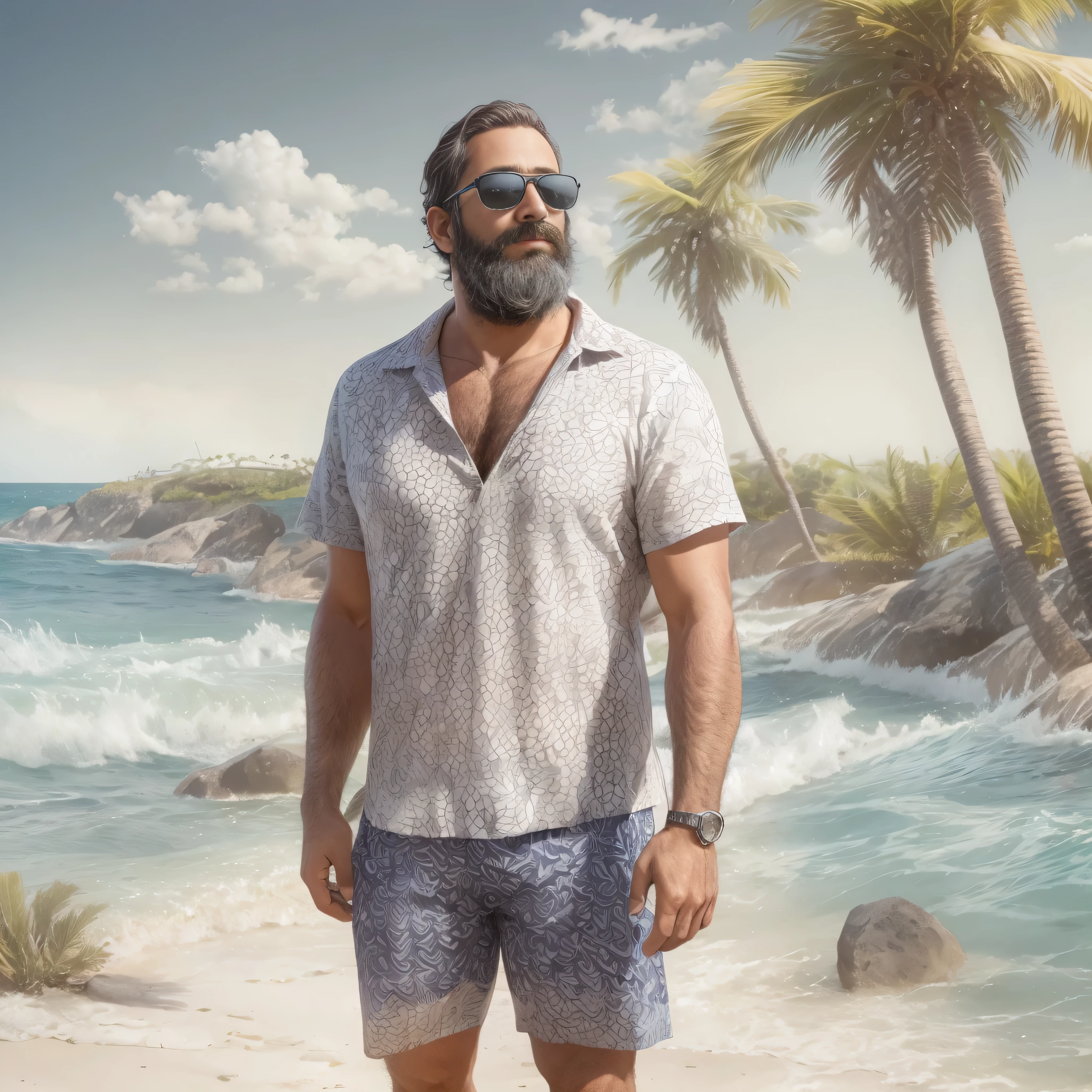 primer plano, create an image of a 38-year-old man with a beard and a lot of chest hair. He is wearing sunglasses. The man should have a confident and relaxed expression. The scene is a sunny beach with clear blue skies, soft white sand, and gentle waves in the background. The man is standing near the shoreline with the ocean behind him. He is dressed in casual beach attire, such as swim trunks and flip-flops. The image should be of the highest quality, with textured skin and realistic details.