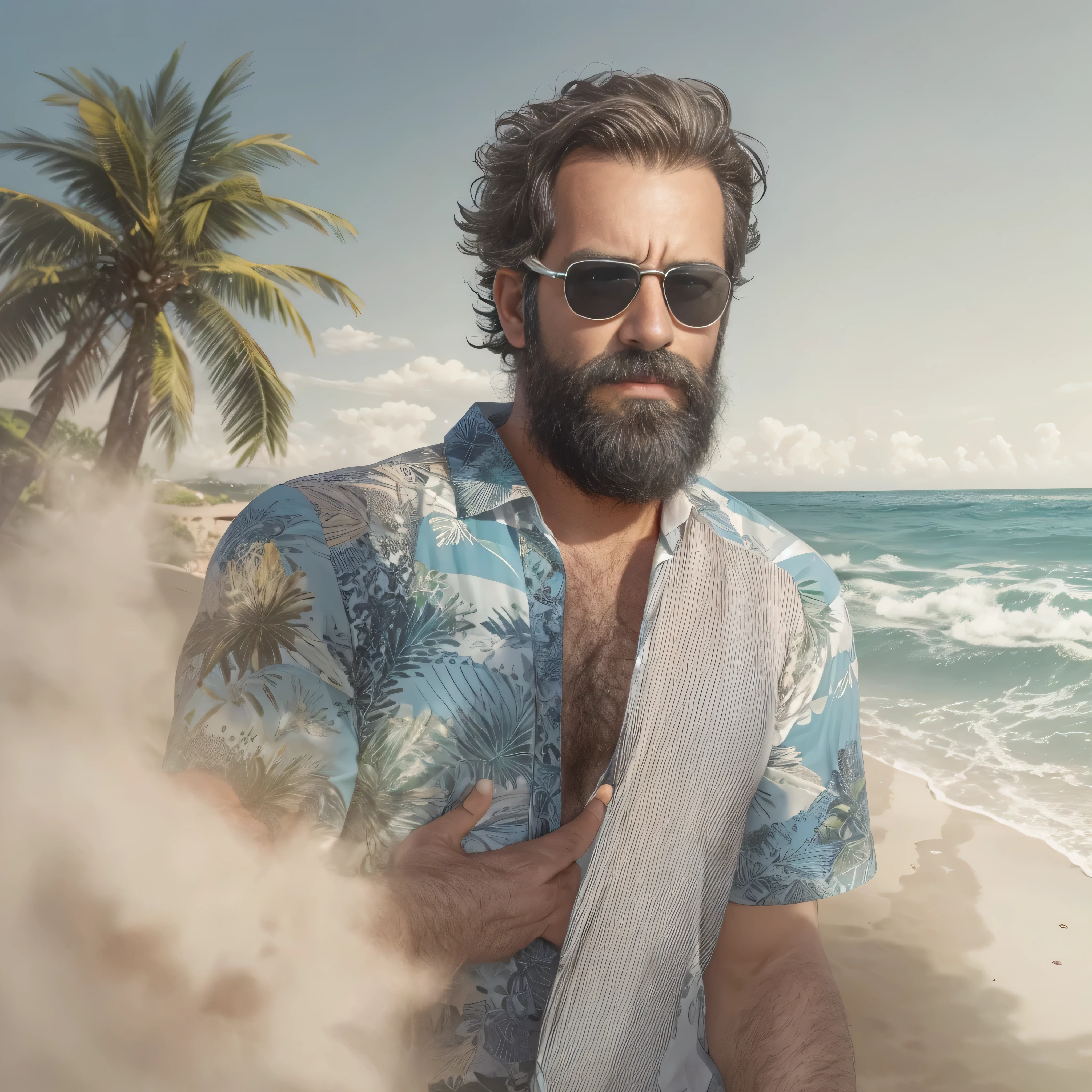 primer plano, create an image of a 38-year-old man with a beard and a lot of chest hair. He is wearing sunglasses. The man should have a confident and relaxed expression. The scene is a sunny beach with clear blue skies, soft white sand, and gentle waves in the background. The man is standing near the shoreline with the ocean behind him. He is dressed in casual beach attire, such as swim trunks and flip-flops. The image should be of the highest quality, with textured skin and realistic details.