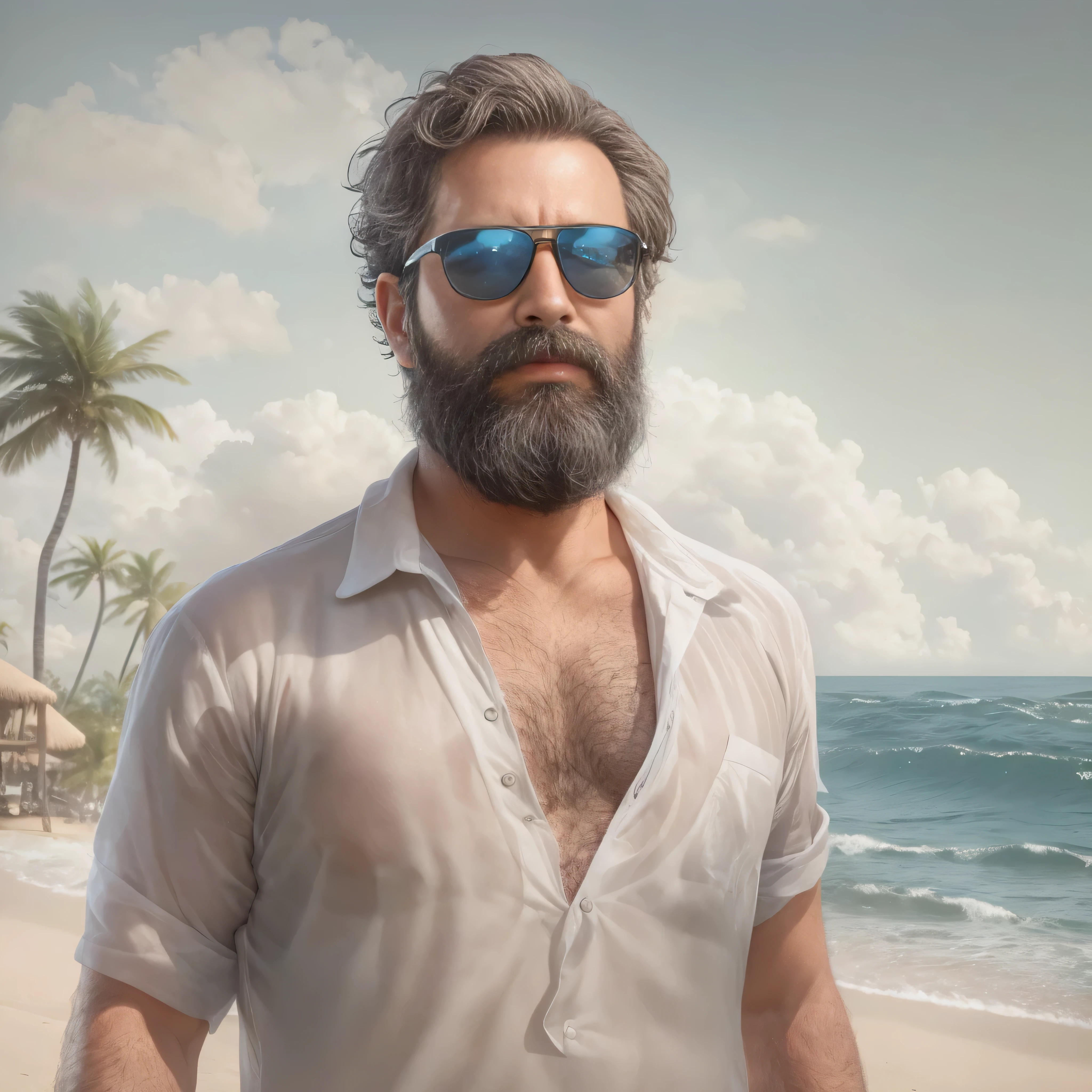 primer plano, create an image of a 38-year-old man with a beard and a lot of chest hair. He is wearing sunglasses. The man should have a confident and relaxed expression. The scene is a sunny beach with clear blue skies, soft white sand, and gentle waves in the background. The man is standing near the shoreline with the ocean behind him. He is dressed in casual beach attire, such as swim trunks and flip-flops. The image should be of the highest quality, with textured skin and realistic details.