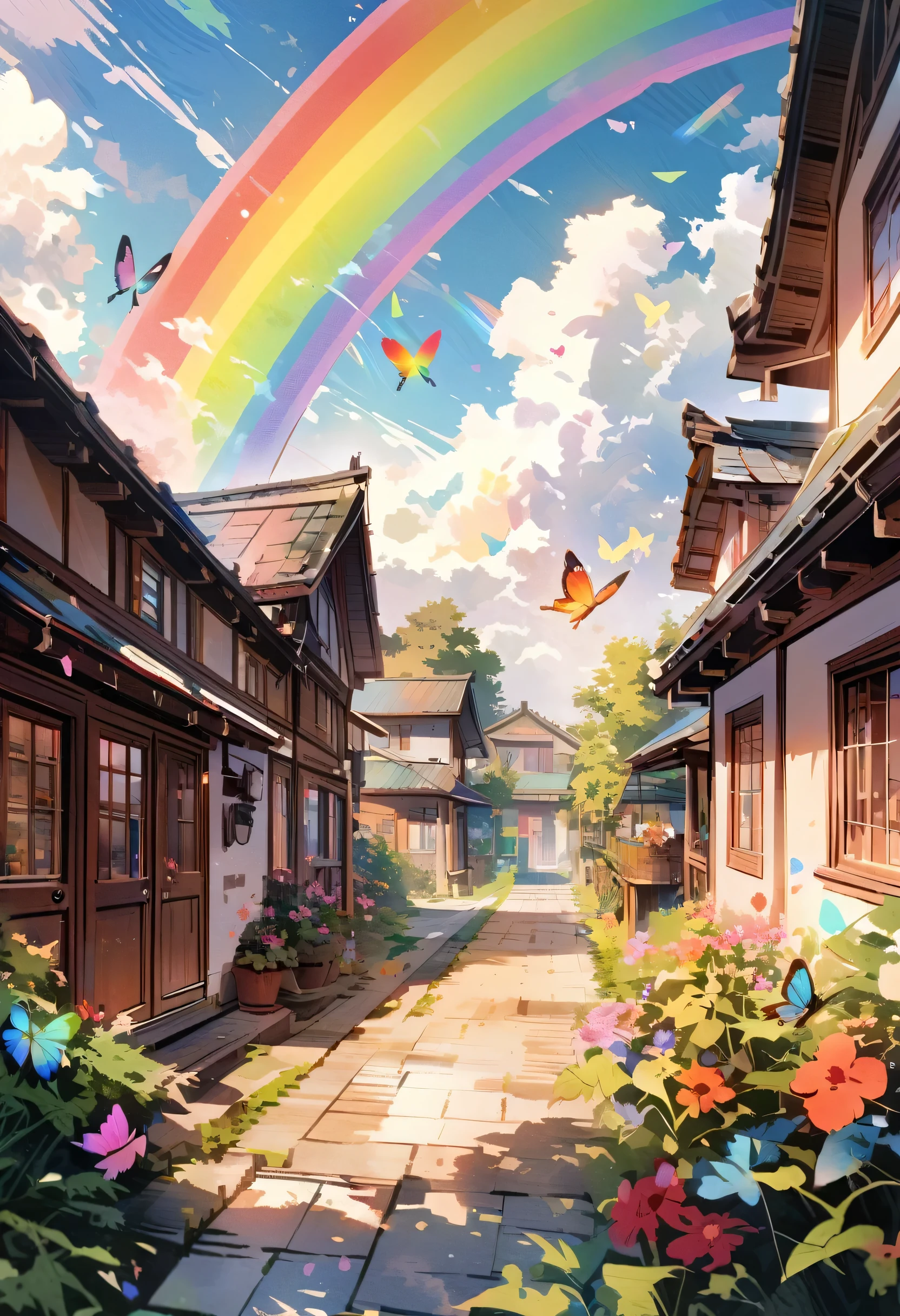 A rainbow-coloured butterfly flies through the front yard, Very detailed, 4K Real