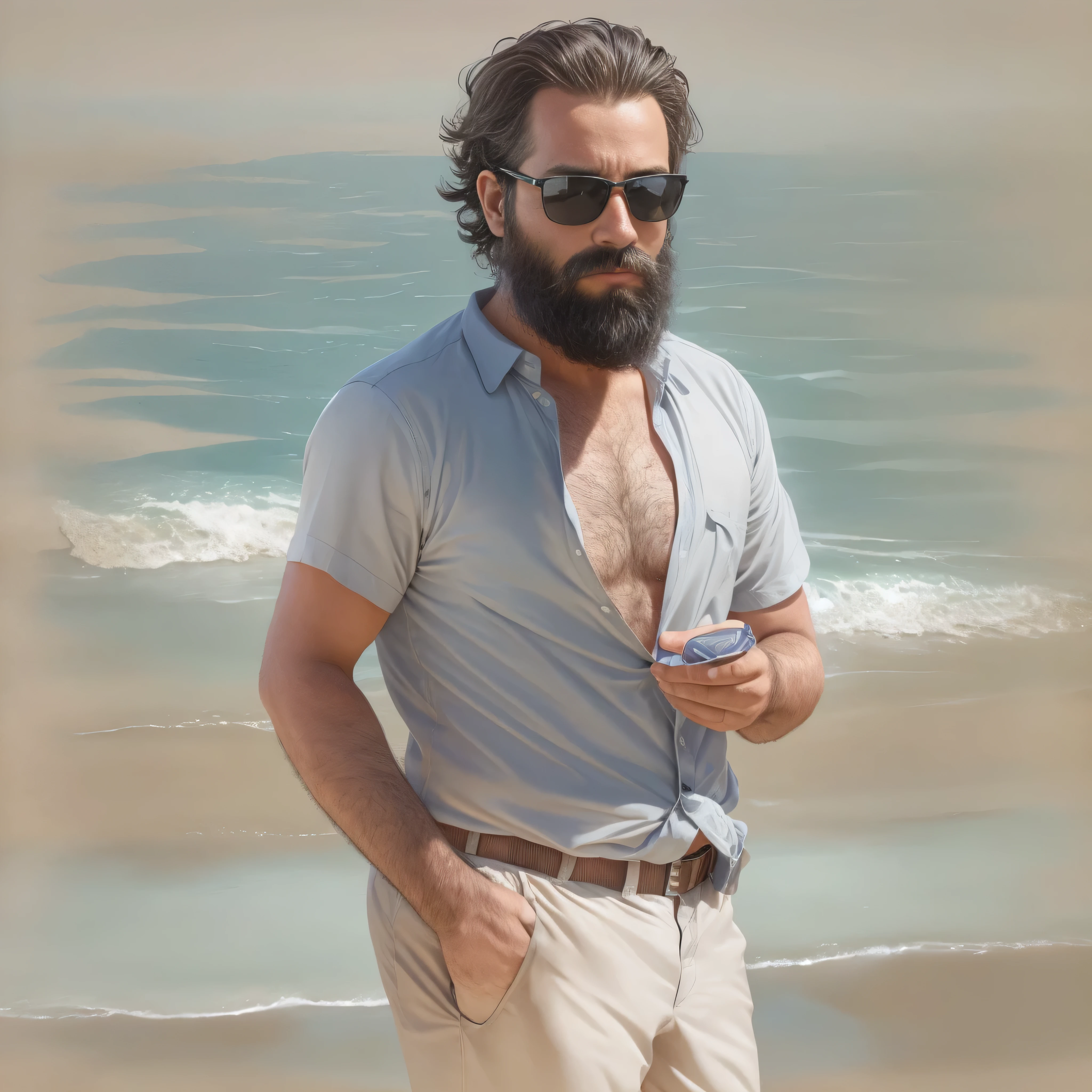 primer plano, create an image of a 38-year-old man with a beard and a lot of chest hair. He is wearing sunglasses. The man should have a confident and relaxed expression. The scene is a sunny beach with clear blue skies, soft white sand, and gentle waves in the background. The man is standing near the shoreline with the ocean behind him. He is dressed in casual beach attire, such as swim trunks and flip-flops. The image should be of the highest quality, with textured skin and realistic details.