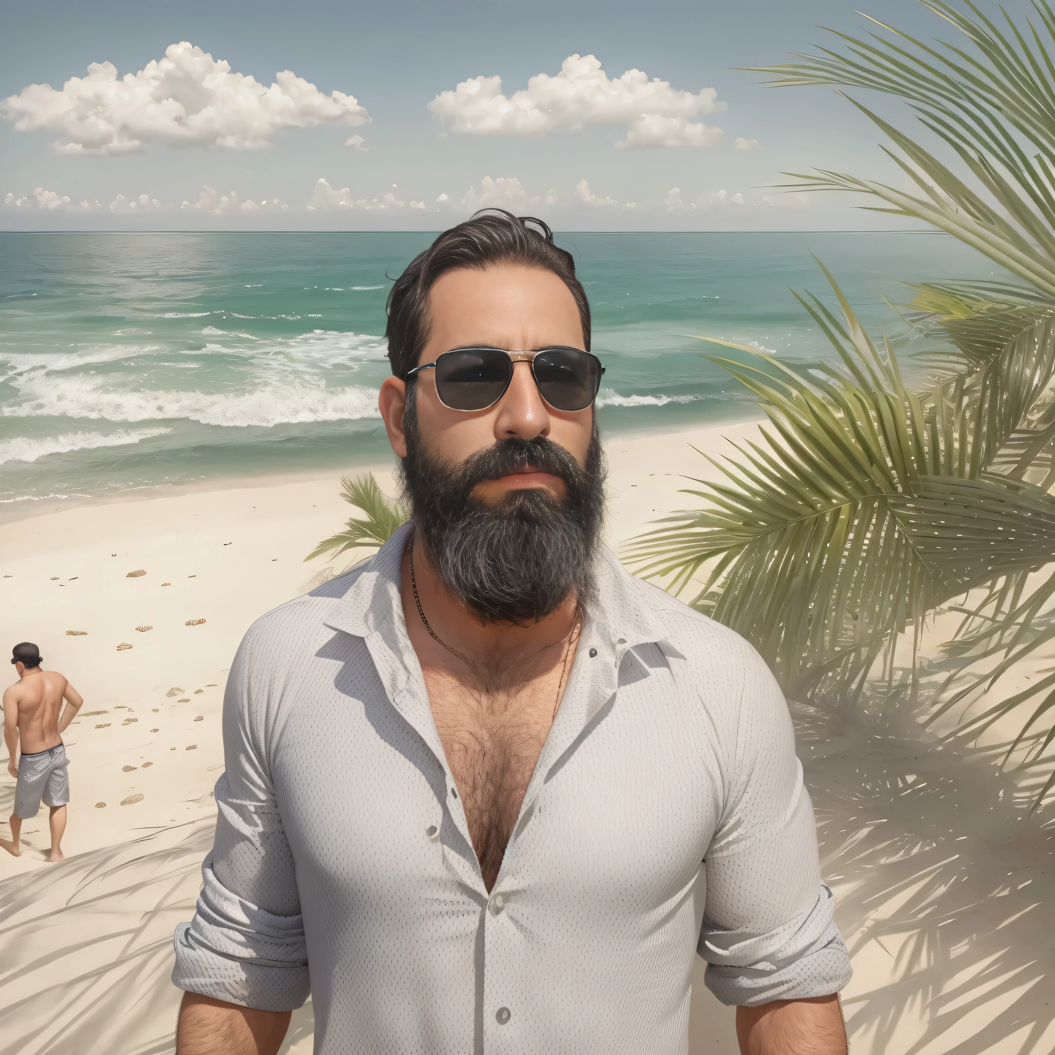 primer plano, create an image of a 38-year-old man with a beard and a lot of chest hair. He is wearing sunglasses. The man should have a confident and relaxed expression. The scene is a sunny beach with clear blue skies, soft white sand, and gentle waves in the background. The man is standing near the shoreline with the ocean behind him. He is dressed in casual beach attire, such as swim trunks and flip-flops. The image should be of the highest quality, with textured skin and realistic details.