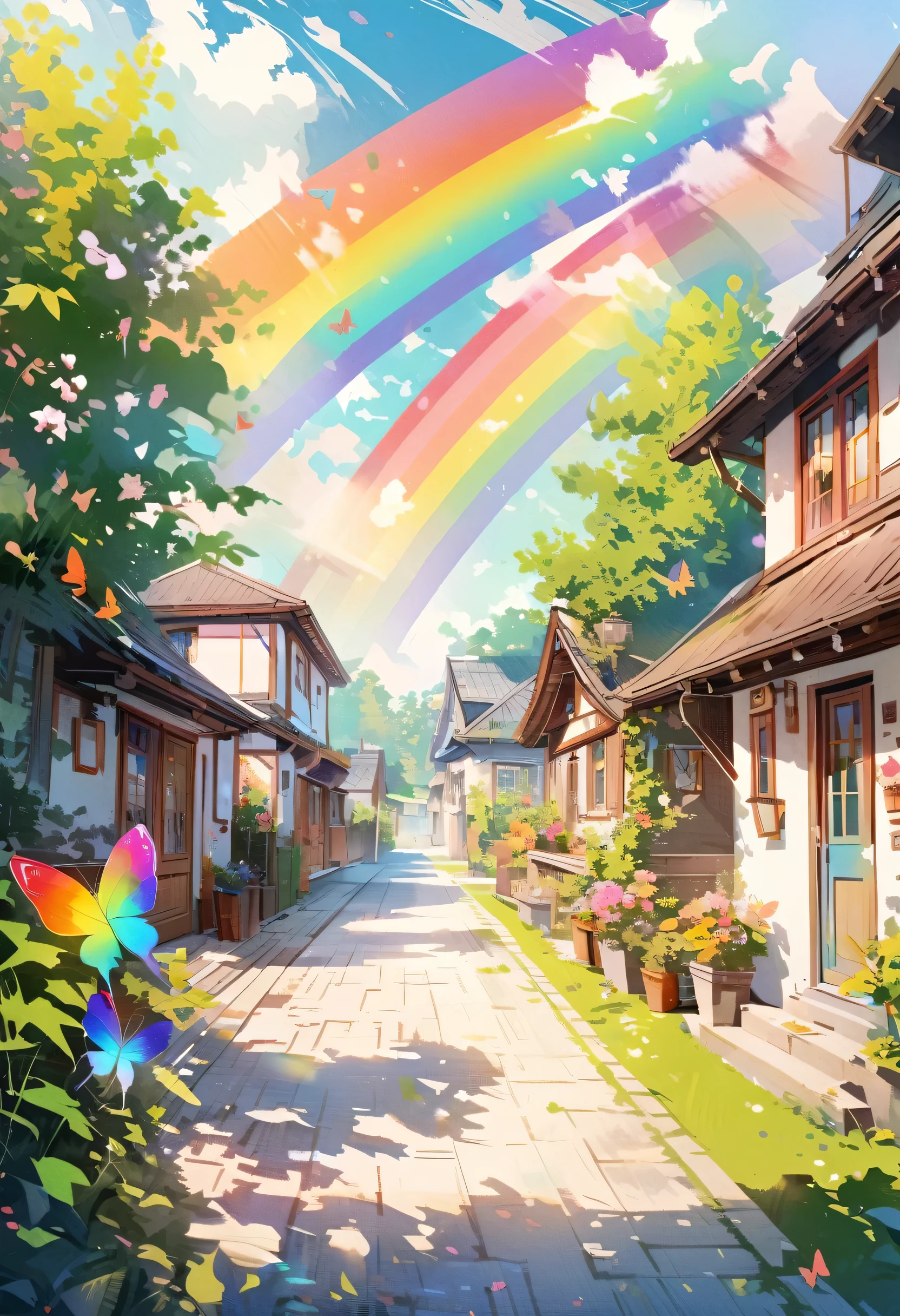 A rainbow-coloured butterfly flies through the front yard, Very detailed, 4K Real