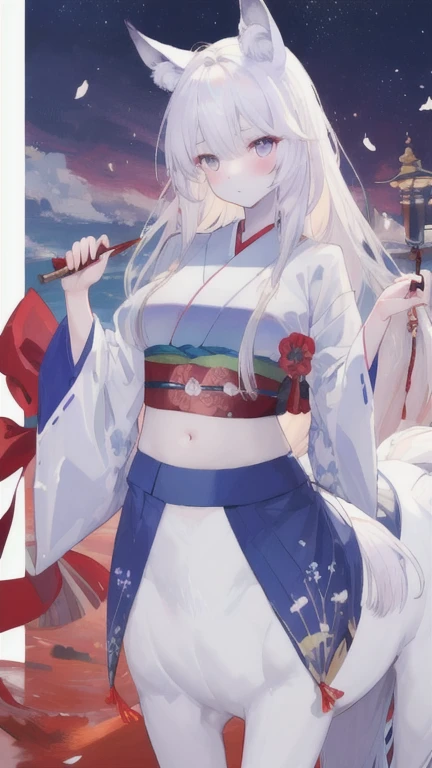 (best quality, masterpiece), 1 girl, centaur, It takes, White skin, kimono, belly button t-shirt, 아름다운 소녀 perfect wolf photo, perfect wolf photo
