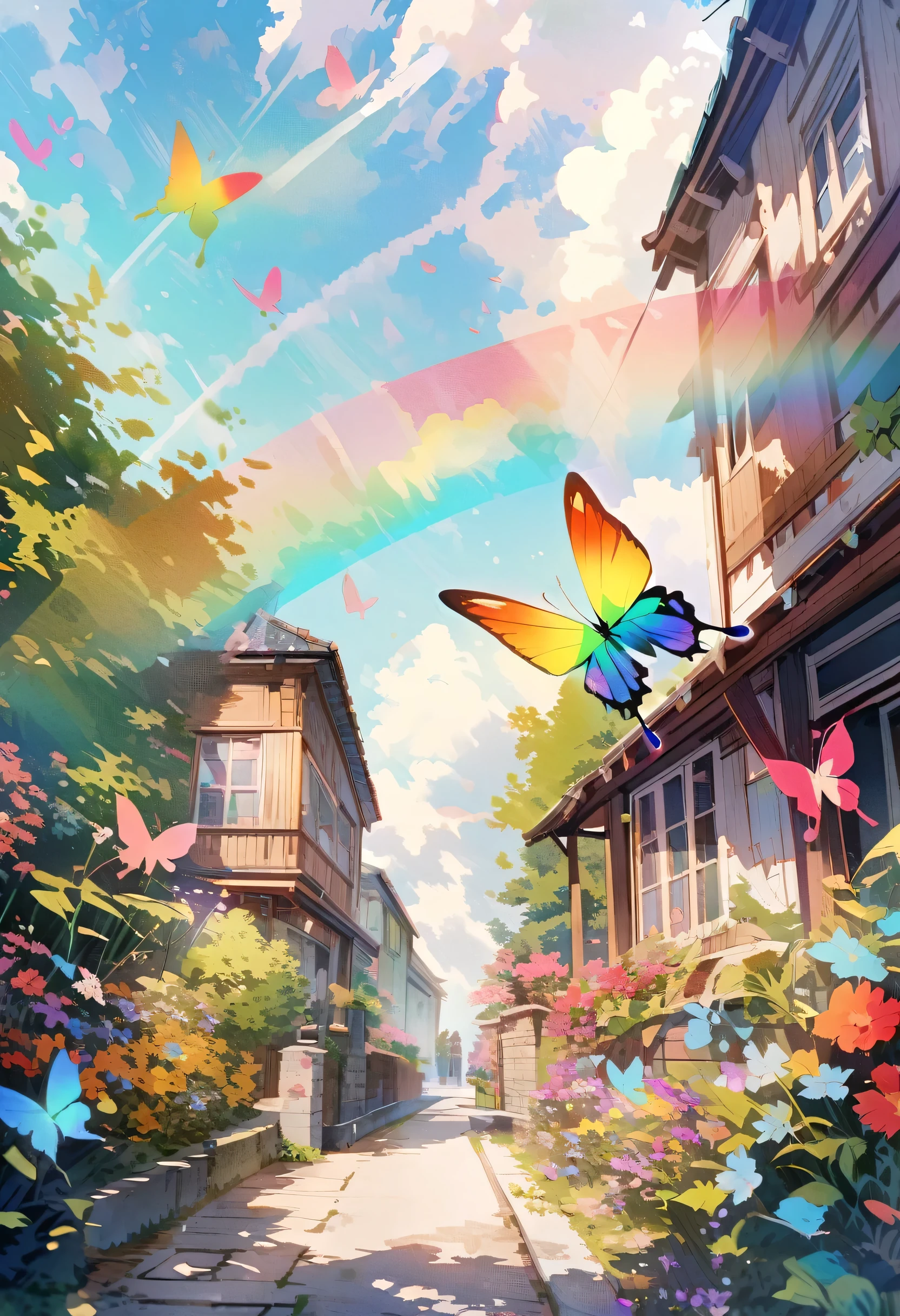 A rainbow-coloured butterfly flies through the front yard, Very detailed, 4K Real