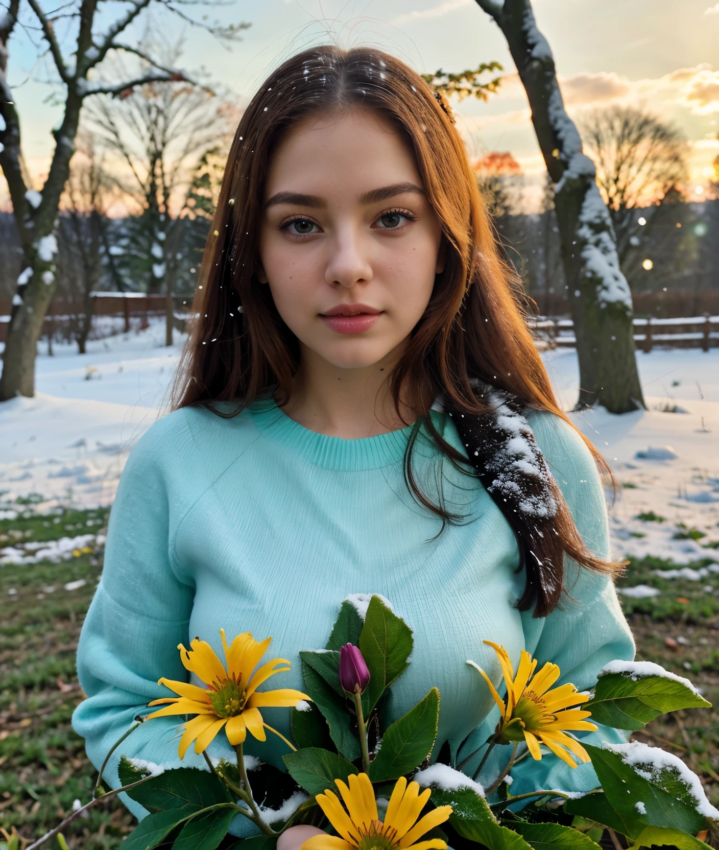 spectacular light, upper body, Leaves, sunset, Colorful flowers, close portrait photo, Twilight, Green meadow, Ultra-HD-details, ((snow))