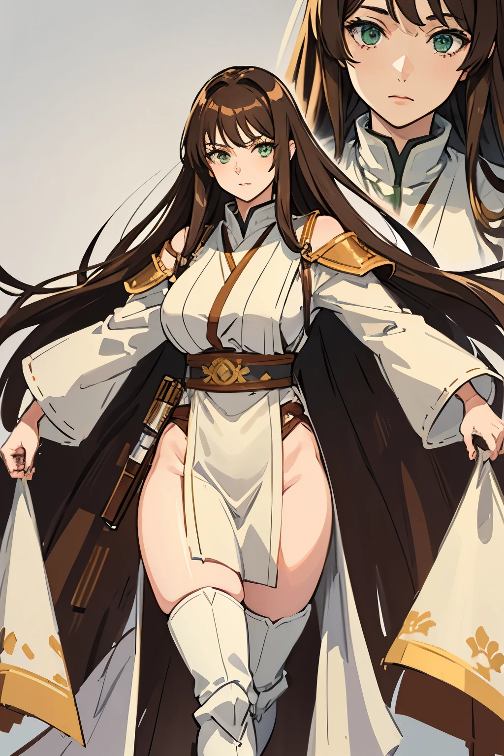 anime woman, long straight brown hair, green eyes, peach colored skin, ((SFW)), detailed face, detailed eyes, UHD 8K, brown and white jedi robes, large breasts, wide hips, thick thighs, brown thigh high boots, one person, solo