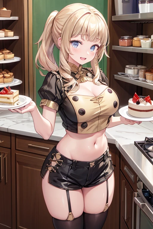 (dynamic angle:1.3, front view:1.1, breast focus:1.3, from above:1.1), (dynamic posing:1.2, sexy posing:1.2), (seductive smiling:1.3), ((looking at cake,Taking a cake out of the golden oven, worried about the outcome:1.2)),highest quality、(real、photorealistic:1.4),(ultra high resolution, 8K RAW photo, clear focus), best qualtiy, natural lighting, field depth, (Bright pupils, detailed beautiful eyes, high detailed face), Red lip, (tight focus:1.2), a girl 22yo old, Wearing a pastry chef uniform:1.3 , Thicc, thin breast, long hair, blue eyes,garter stocking, cleavage:1.2, midriff, black shorts, black thighhighs, thigh strap, pretty girl, (highly detailed beautiful face and eyes,firm breasts),real skin,((black,hair,long pony tail hair)),thin pubic hair,cute,lovely, detailed eyes,(double breasted:1.0,under bust:1.0),(with sparkling eyes and a contagious smile),open mouth, Looking at Viewer,A scene of cooking in the kitchen,looking at the golden oven
