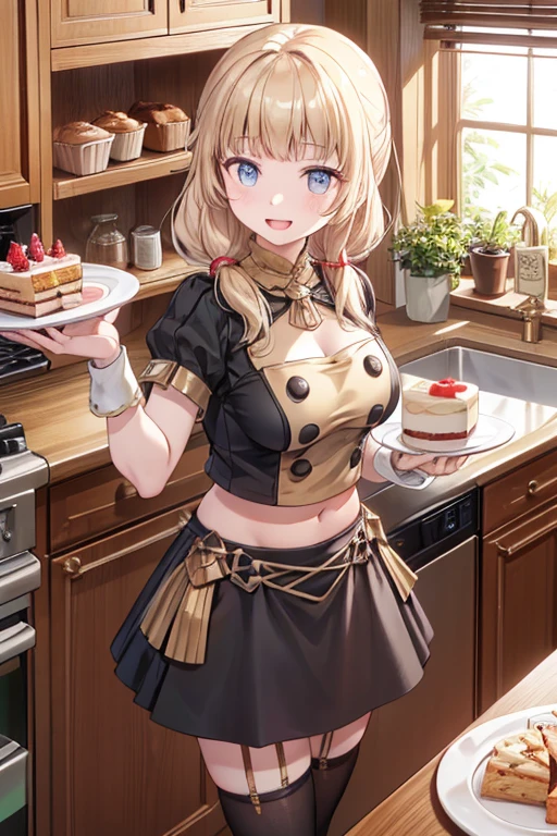 (dynamic angle:1.3, front view:1.1, breast focus:1.3, from above:1.1), (dynamic posing:1.2, sexy posing:1.2), (seductive smiling:1.3), ((looking at cake,Taking a cake out of the golden oven, worried about the outcome:1.2)),highest quality、(real、photorealistic:1.4),(ultra high resolution, 8K RAW photo, clear focus), best qualtiy, natural lighting, field depth, (Bright pupils, detailed beautiful eyes, high detailed face), Red lip, (tight focus:1.2), a girl 22yo old, Wearing a pastry chef uniform:1.3 , Thicc, thin breast, long hair, blue eyes,garter stocking, cleavage:1.2, midriff, black shorts, black thighhighs, thigh strap, pretty girl, (highly detailed beautiful face and eyes,firm breasts),real skin,((black,hair,long pony tail hair)),thin pubic hair,cute,lovely, detailed eyes,(double breasted:1.0,under bust:1.0),(with sparkling eyes and a contagious smile),open mouth, Looking at Viewer,A scene of cooking in the kitchen,looking at the golden oven
