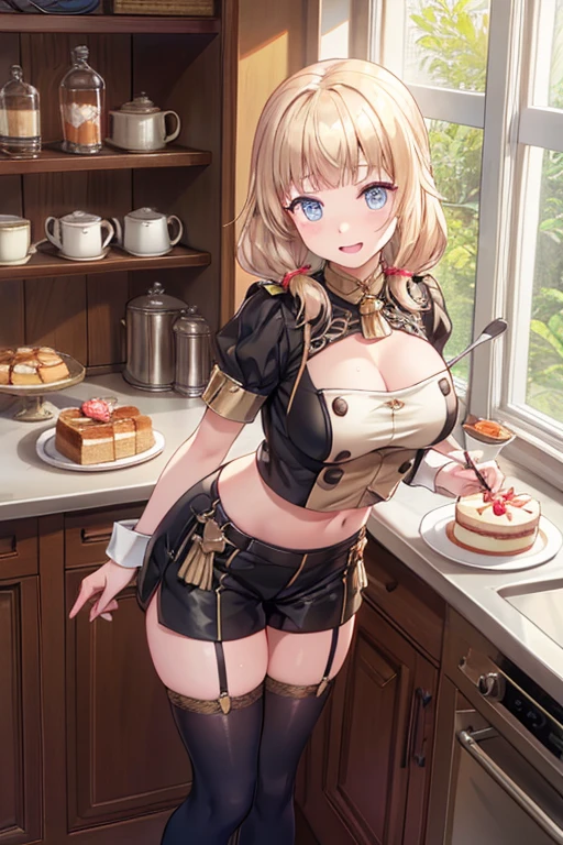 (dynamic angle:1.3, front view:1.1, breast focus:1.3, from above:1.1), (dynamic posing:1.2, sexy posing:1.2), (seductive smiling:1.3), ((looking at cake,Taking a cake out of the golden oven, worried about the outcome:1.2)),highest quality、(real、photorealistic:1.4),(ultra high resolution, 8K RAW photo, clear focus), best qualtiy, natural lighting, field depth, (Bright pupils, detailed beautiful eyes, high detailed face), Red lip, (tight focus:1.2), a girl 22yo old, Wearing a pastry chef uniform:1.3 , Thicc, thin breast, long hair, blue eyes,garter stocking, cleavage:1.2, midriff, black shorts, black thighhighs, thigh strap, pretty girl, (highly detailed beautiful face and eyes,firm breasts),real skin,((black,hair,long pony tail hair)),thin pubic hair,cute,lovely, detailed eyes,(double breasted:1.0,under bust:1.0),(with sparkling eyes and a contagious smile),open mouth, Looking at Viewer,A scene of cooking in the kitchen,looking at the golden oven
