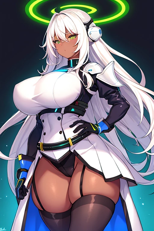 1girl, dark-skin, dark-skinned female, white hair, long hair, black leotard, white trim, large breasts, thick thighs, belt, thighhighs, pantyhose, knife, mature female, milf, toned, tall, shoulder armor, sleeves, long sleeves, gloves, elbow gloves, neon, neon trim, neon lights, futuristic, science-fiction, tech, machinery