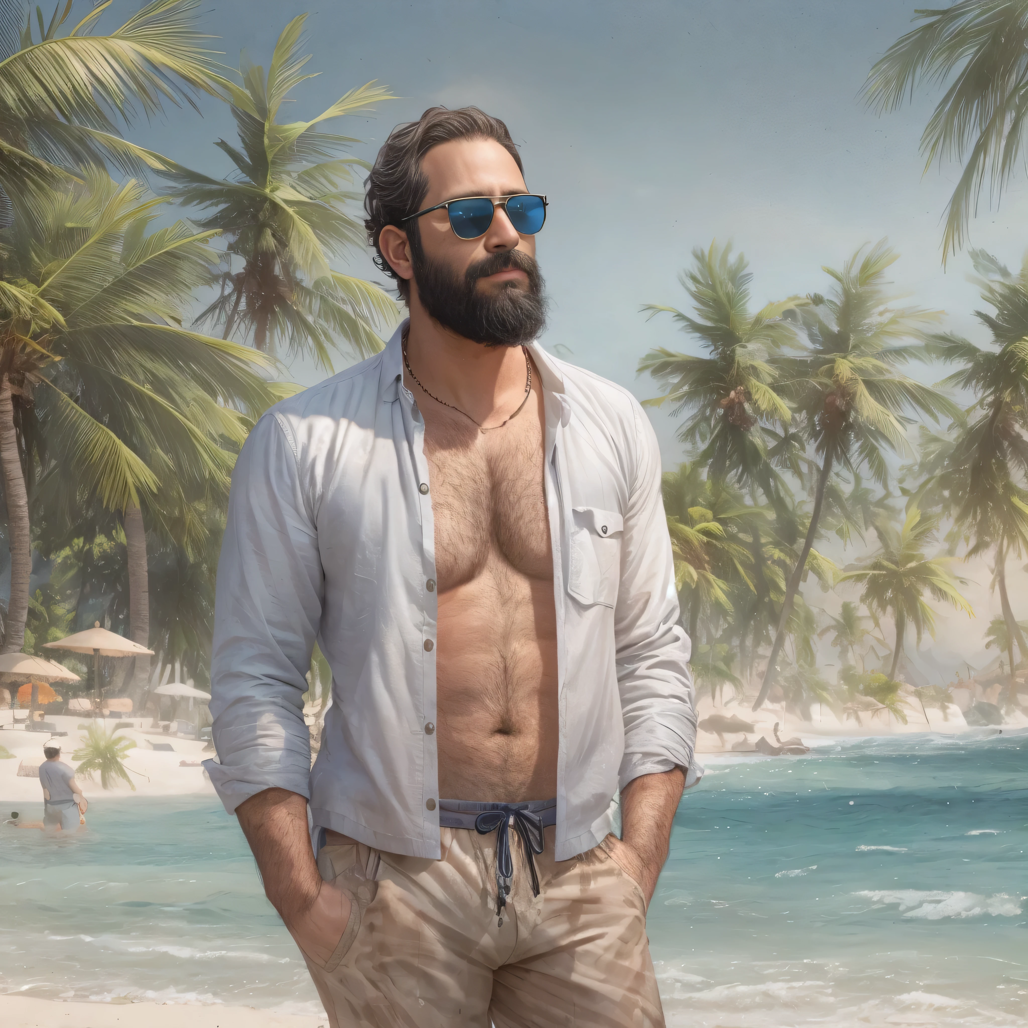 primer plano, create an image of a 38-year-old man with a beard and a lot of chest hair. He is wearing sunglasses. The man should have a confident and relaxed expression. The scene is a sunny beach with clear blue skies, soft white sand, and gentle waves in the background. The man is standing near the shoreline with the ocean behind him. He is dressed in casual beach attire, such as swim trunks and flip-flops. The image should be of the highest quality, with textured skin and realistic details.