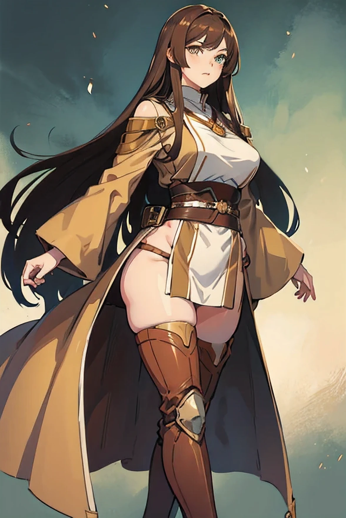 anime woman, long straight brown hair, green eyes, peach colored skin, ((SFW)), detailed face, detailed eyes, UHD 8K, brown and white jedi robes, large breasts, wide hips, thick thighs, brown thigh high boots, one person, solo