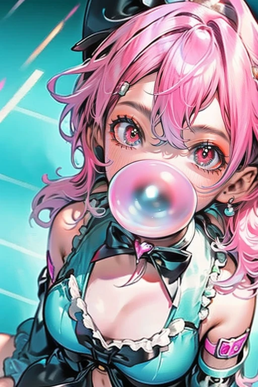 1girl,solo,cute,pink hair,cleavage,blow bubble gum,high angle,in classroom