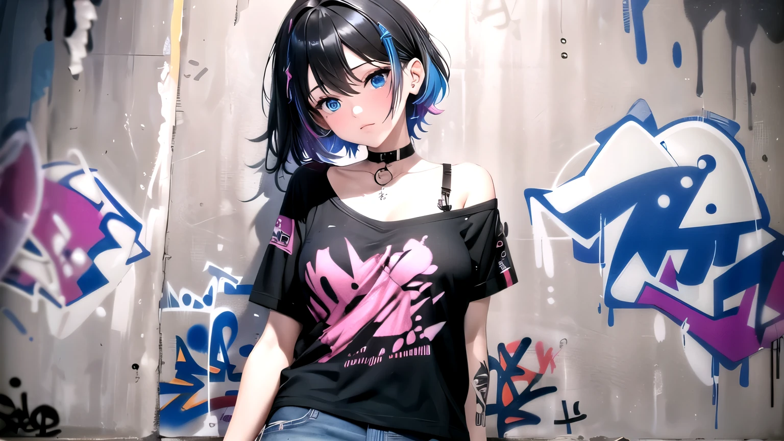 Graffiti pattern on shirt ,character"Touch me", characterสีขาว ,black shirt