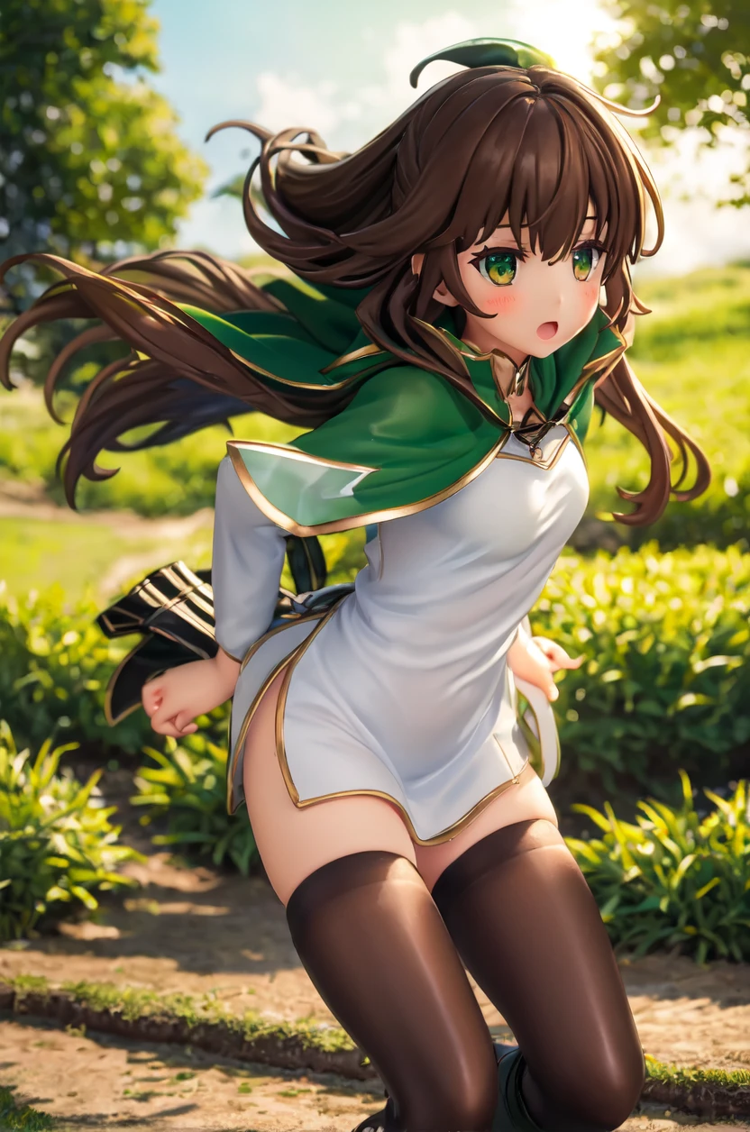 masterpiece, best quality, 1girl, kazuma girl, cowboy shot, (female body:1.3), long hair, brown hair, green eyes, green cape, capelet, boots, black pant, field, landscape, standing,finely detailed eyes and detailed face, extremely detailed CG unity 8k wallpaper, intricate details,depth of field, black pant, looking at viewer,