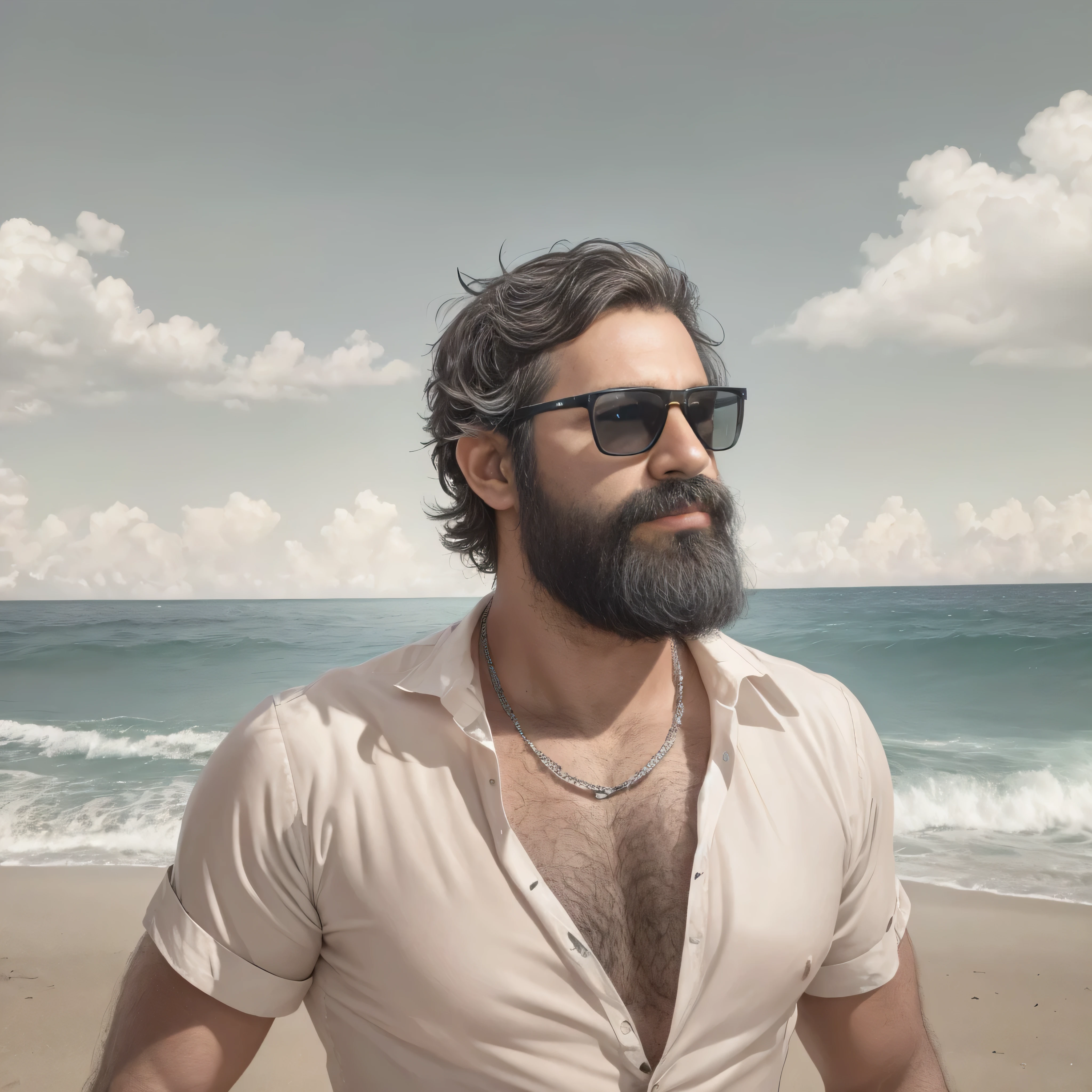 primer plano, create an image of a 38-year-old man with a beard and a lot of chest hair. He is wearing sunglasses. The man should have a confident and relaxed expression. The scene is a sunny beach with clear blue skies, soft white sand, and gentle waves in the background. The man is standing near the shoreline with the ocean behind him. He is dressed in casual beach attire, such as swim trunks and flip-flops. The image should be of the highest quality, with textured skin and realistic details.