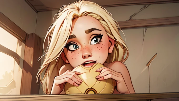 1 girl, Natural photography of a beautiful girl, wearing a loose crop top, leaning over, long blonbe hair, big bust, locks eyes into the camera, symmetrical eyes, symmetrical face,  (masterpiece) (best quality) (detailed) (8k) photorealistic, photography, path tracing, specular lighting, volumetric face light, path traced hair, visible shadows, intricate, elaborate, oiled boobs, cleavage, wet skin, flirty, freckles, blush, dark eyeliner, hanging breasts, girl bending over, strap gap