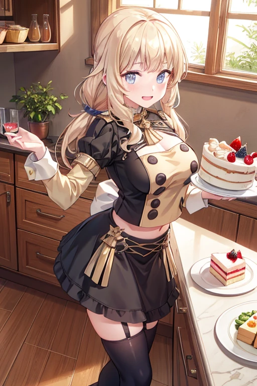 (dynamic angle:1.3, front view:1.1, breast focus:1.3, from above:1.1), (dynamic posing:1.2, sexy posing:1.2), (seductive smiling:1.3), ((looking at cake,Taking a cake out of the golden oven, worried about the outcome:1.2)),highest quality、(real、photorealistic:1.4),(ultra high resolution, 8K RAW photo, clear focus), best qualtiy, natural lighting, field depth, (Bright pupils, detailed beautiful eyes, high detailed face), Red lip, (tight focus:1.2), a girl 22yo old, Wearing a pastry chef uniform:1.3 , Thicc, thin breast, long hair, blue eyes,garter stocking, cleavage:1.2, midriff, black shorts, black thighhighs, thigh strap, pretty girl, (highly detailed beautiful face and eyes,firm breasts),real skin,((black,hair,long pony tail hair)),thin pubic hair,cute,lovely, detailed eyes,(double breasted:1.0,under bust:1.0),(with sparkling eyes and a contagious smile),open mouth, Looking at Viewer,A scene of cooking in the kitchen,looking at the golden oven
