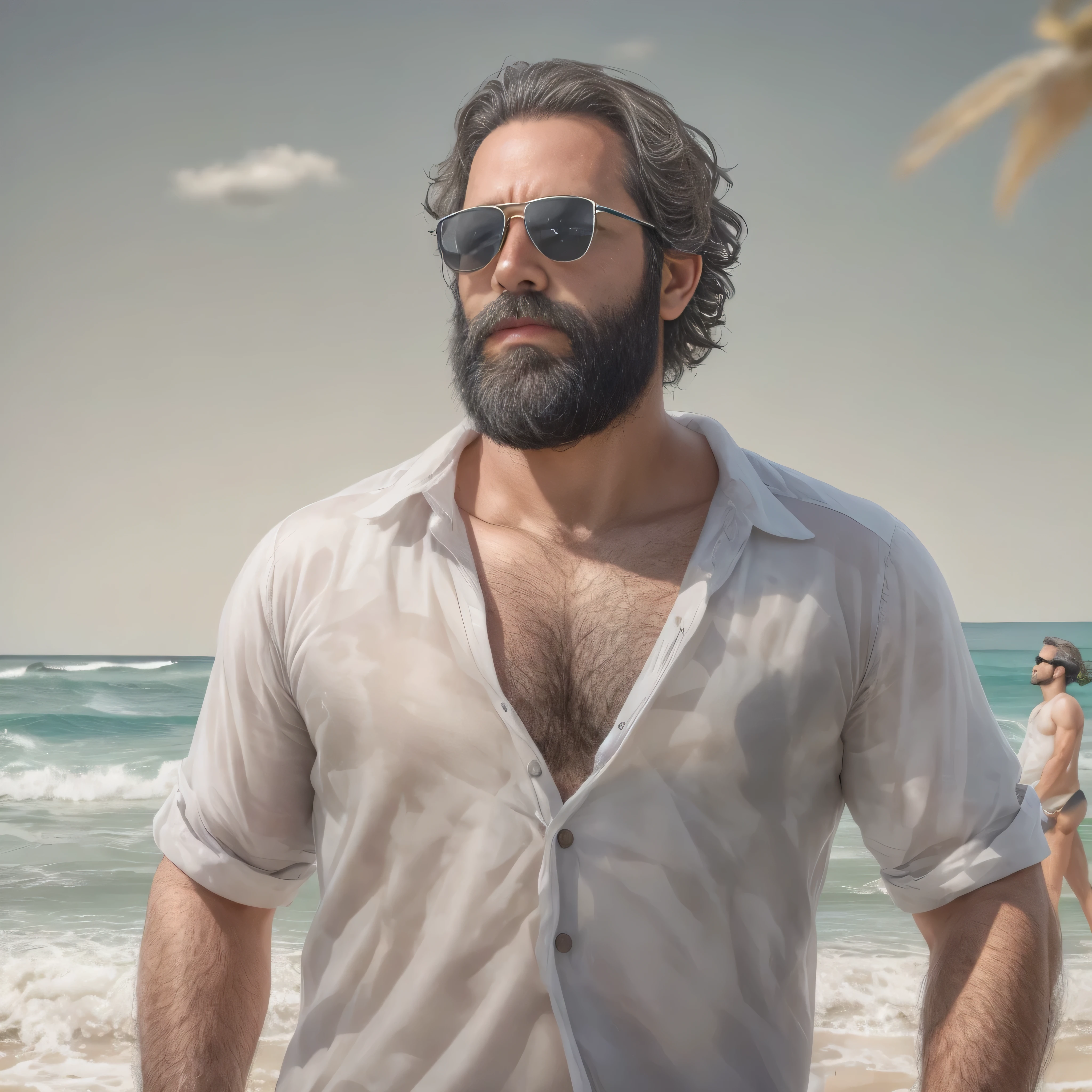 primer plano, create an image of a 38-year-old man with a beard and a lot of chest hair. He is wearing sunglasses. The man should have a confident and relaxed expression. The scene is a sunny beach with clear blue skies, soft white sand, and gentle waves in the background. The man is standing near the shoreline with the ocean behind him. He is dressed in casual beach attire, such as swim trunks and flip-flops. The image should be of the highest quality, with textured skin and realistic details.