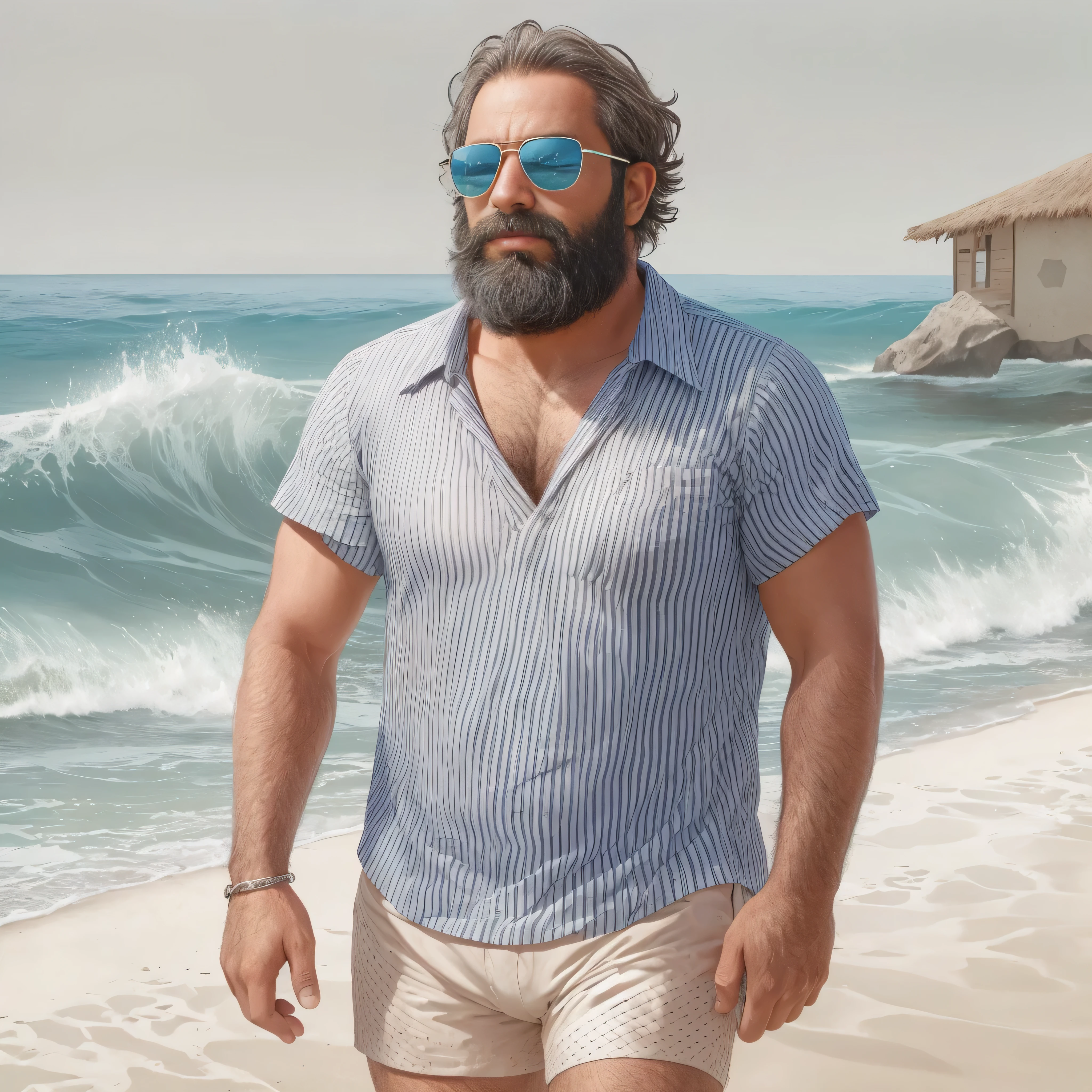 primer plano, create an image of a 38-year-old man with a beard and a lot of chest hair. He is wearing sunglasses. The man should have a confident and relaxed expression. The scene is a sunny beach with clear blue skies, soft white sand, and gentle waves in the background. The man is standing near the shoreline with the ocean behind him. He is dressed in casual beach attire, such as swim trunks and flip-flops. The image should be of the highest quality, with textured skin and realistic details.