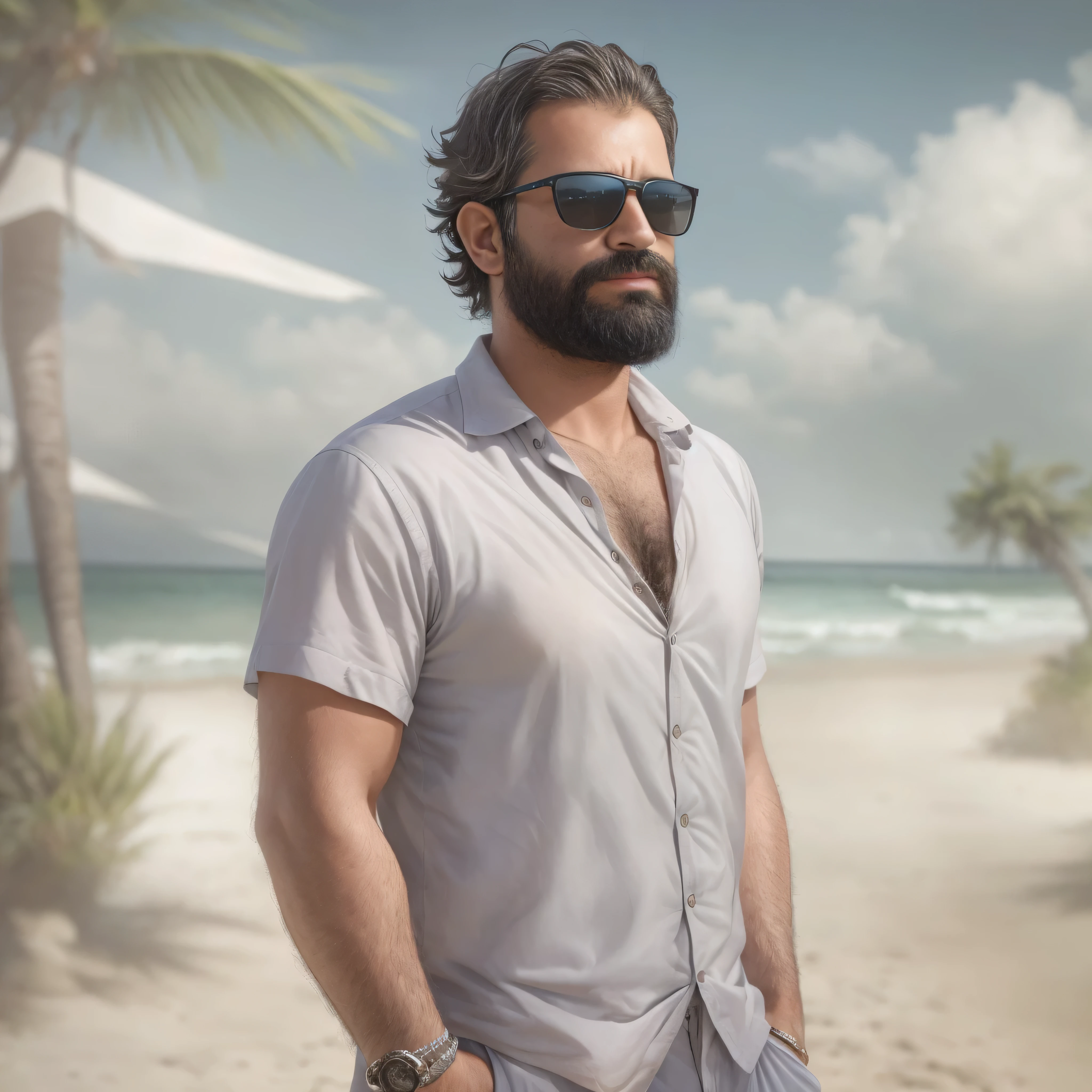 primer plano, create an image of a 38-year-old man with a beard and a lot of chest hair. He is wearing sunglasses. The man should have a confident and relaxed expression. The scene is a sunny beach with clear blue skies, soft white sand, and gentle waves in the background. The man is standing near the shoreline with the ocean behind him. He is dressed in casual beach attire, such as swim trunks and flip-flops. The image should be of the highest quality, with textured skin and realistic details.