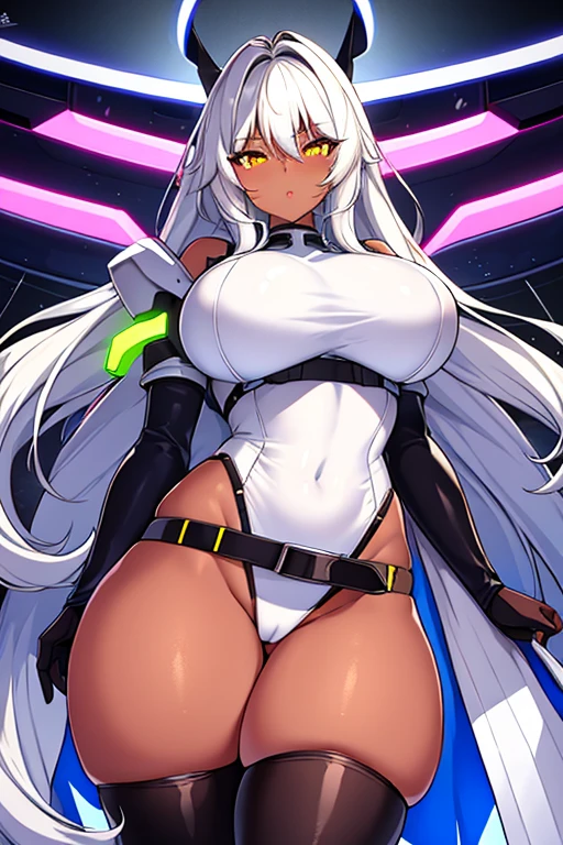 1girl, dark-skin, dark-skinned female, white hair, long hair, black leotard, white trim, large breasts, thick thighs, belt, thighhighs, pantyhose, knife, mature female, milf, toned, tall, shoulder armor, sleeves, long sleeves, gloves, elbow gloves, neon, neon trim, neon lights, futuristic, science-fiction, tech, machinery