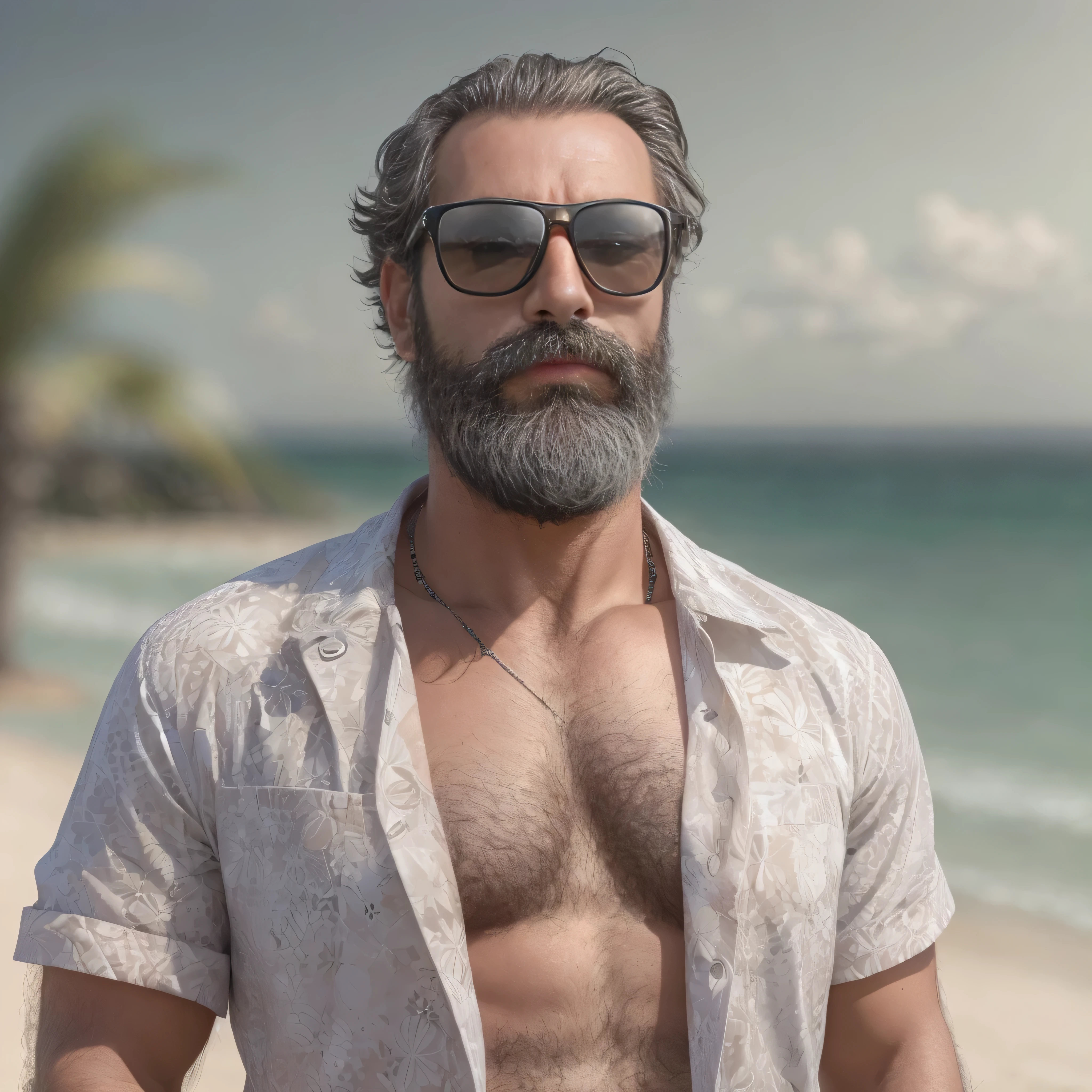 primer plano, create an image of a 38-year-old man with a beard and a lot of chest hair. He is wearing sunglasses. The man should have a confident and relaxed expression. The scene is a sunny beach with clear blue skies, soft white sand, and gentle waves in the background. The man is standing near the shoreline with the ocean behind him. He is dressed in casual beach attire, such as swim trunks and flip-flops. The image should be of the highest quality, with textured skin and realistic details.