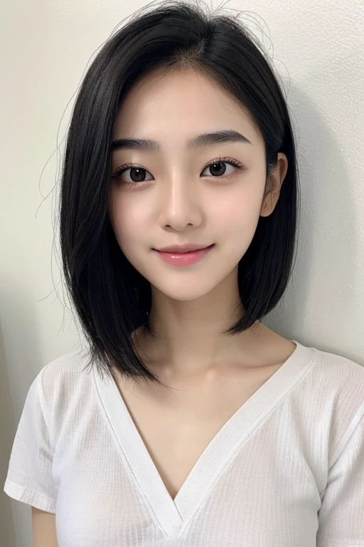 Korean girl teenager small forehead thin eyebrows thin nose big eyes super thin lips short black hair charming smile full body