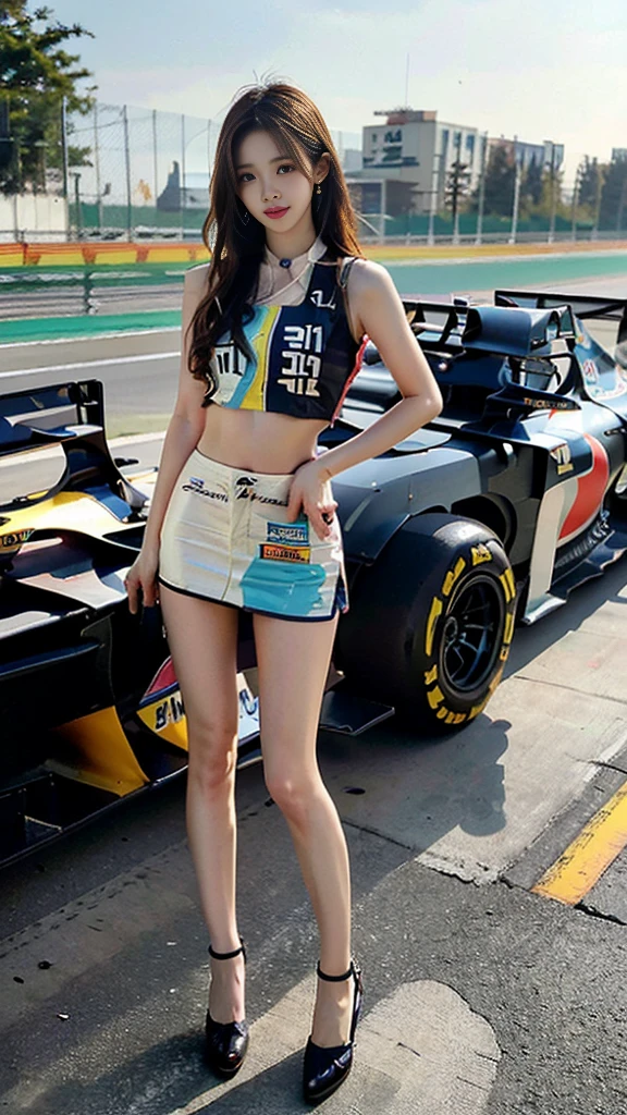 (realistic), (intricate details:1.2), (masterpiece、:1.3), (top quality:1.4), (Ultra A high resolution:1.2), Ultra A high resolution, 8K resolution, very detailed expression, (high quality), complete anatomy, natural anatomy, full body photo, 1 Girl among the crowd, A girl is Racing model who takes poses with Car racers, 21 years old, (racing model :1.5), (korean:1.8), (beautiful : 1.4), (Shiny blonde banging), (big earrings), heavy makeup, Confusing wording, choker necklace, long legs, (she weared slim and colorful racing model uniform. : 1.6), (sleeveless crop top: 1.4), (mini skirt), (A pair of high heels covering her feet : 1.2), (flesh color pantyhose), glowing skin, standing with a parasol, dinamic pose, with The men ,(She is being sexually harassed by men : 1.5), (The men grabbed her thighs.), caress, fondle, car festival, raicing ground, (detailed background:1.2),She has enjoy with several Korean men : 1.4), (a happy expression : 1.3), (Formula 1 World Championship : 1.7), (crowded : 1.7)