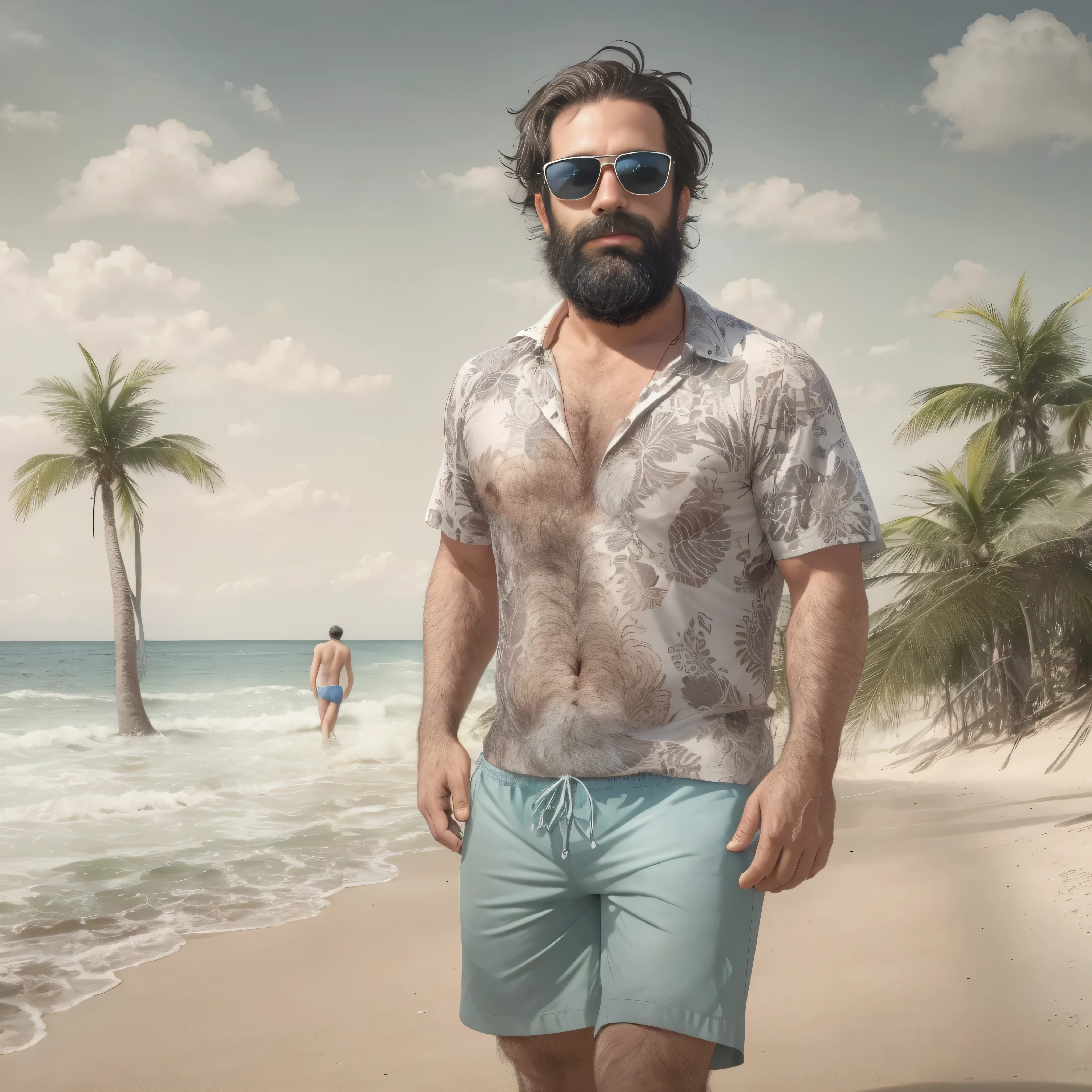 primer plano, create an image of a 38-year-old man with a beard and a lot of chest hair. He is wearing sunglasses. The man should have a confident and relaxed expression. The scene is a sunny beach with clear blue skies, soft white sand, and gentle waves in the background. The man is standing near the shoreline with the ocean behind him. He is dressed in casual beach attire, such as swim trunks and flip-flops. The image should be of the highest quality, with textured skin and realistic details.