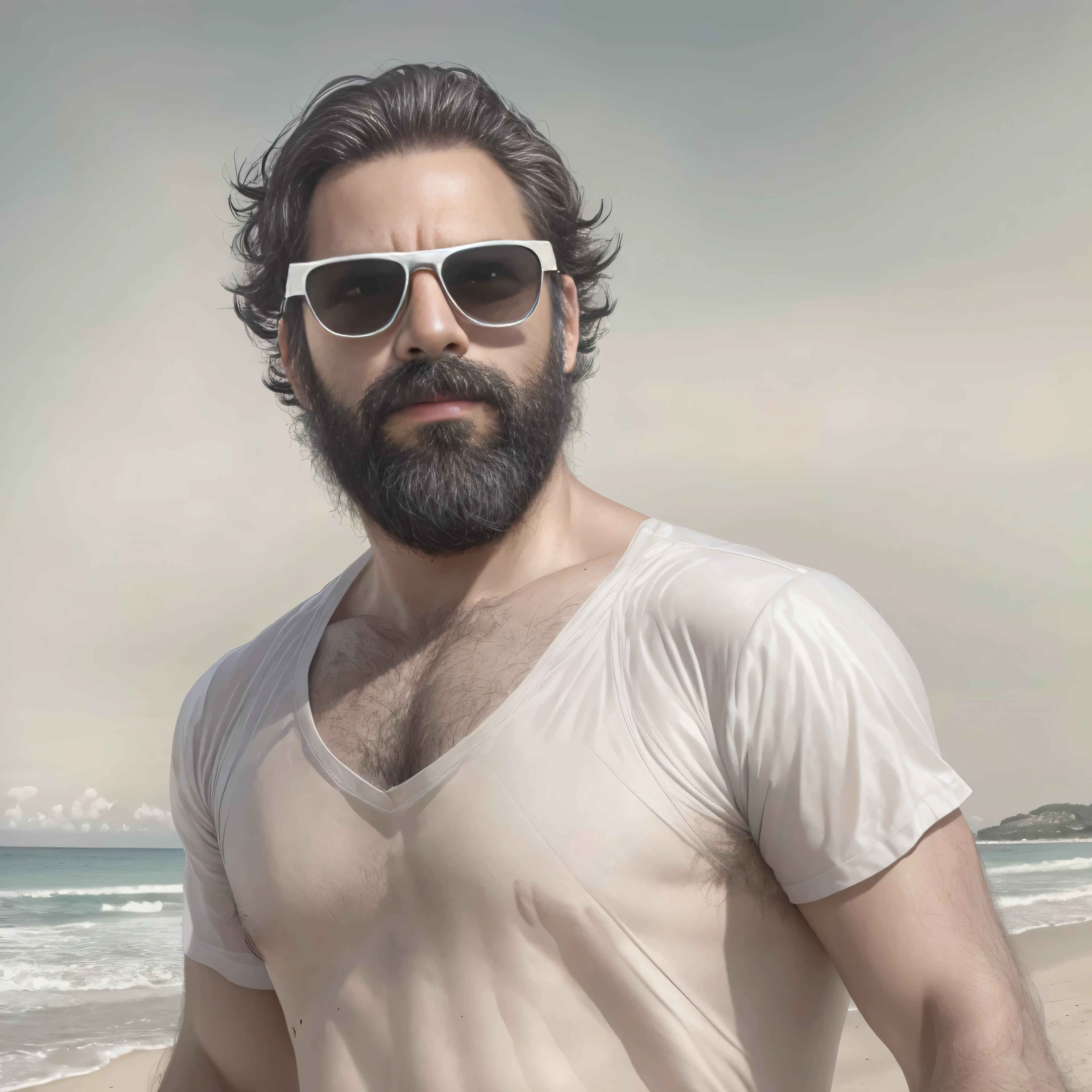 primer plano, create an image of a 38-year-old man with a beard and a lot of chest hair. He is wearing sunglasses. The man should have a confident and relaxed expression. The scene is a sunny beach with clear blue skies, soft white sand, and gentle waves in the background. The man is standing near the shoreline with the ocean behind him. He is dressed in casual beach attire, such as swim trunks and flip-flops. The image should be of the highest quality, with textured skin and realistic details.