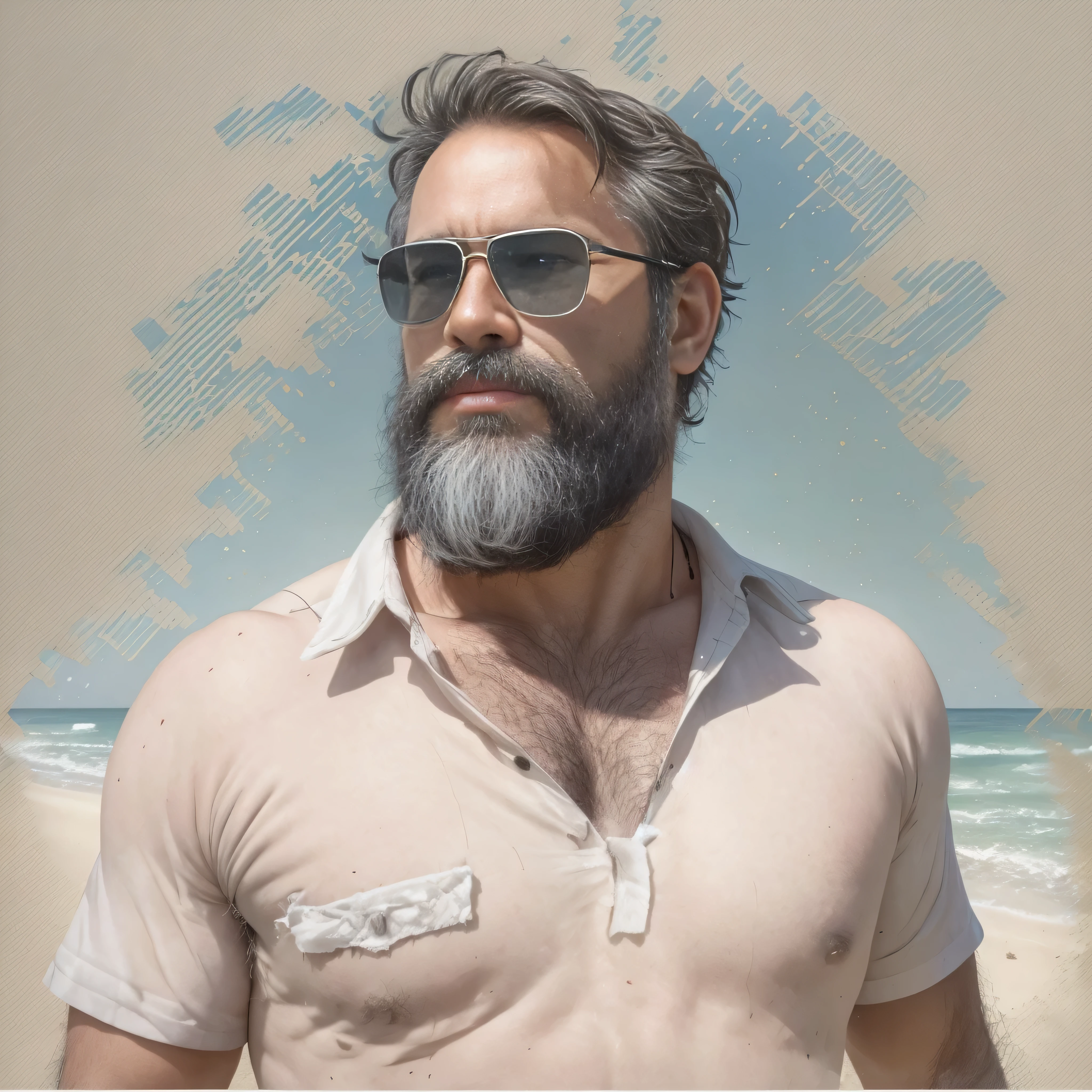 primer plano, create an image of a 38-year-old man with a beard and a lot of chest hair. He is wearing sunglasses. The man should have a confident and relaxed expression. The scene is a sunny beach with clear blue skies, soft white sand, and gentle waves in the background. The man is standing near the shoreline with the ocean behind him. He is dressed in casual beach attire, such as swim trunks and flip-flops. The image should be of the highest quality, with textured skin and realistic details.